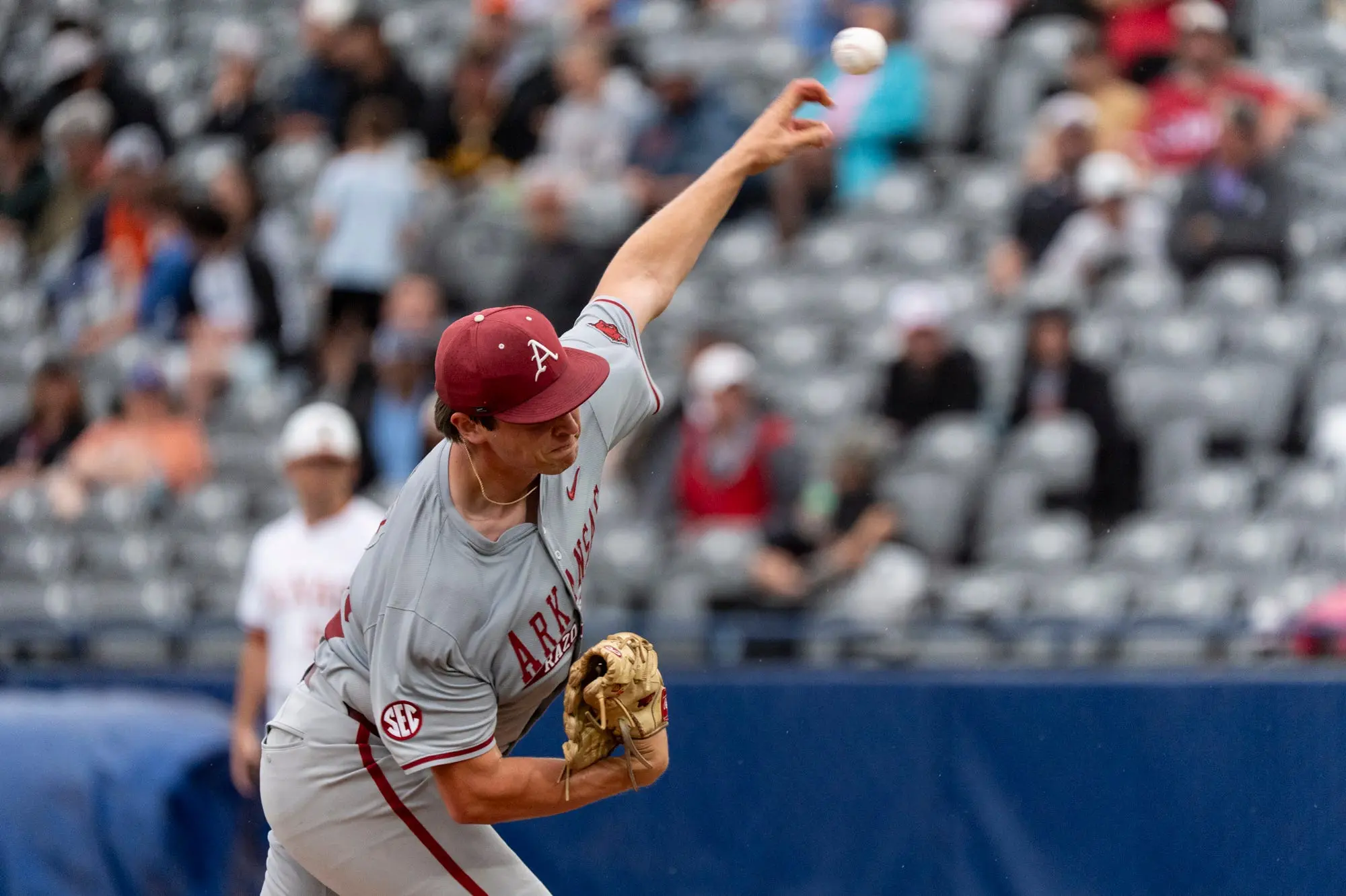 Arkansas Razorbacks starting pitcher Hunter Dietz pitching vs the Texas Longhorns during the SEC baseball tournament at Hoover Metropolitan Stadium in Hoover, Alabama on May 22, 2026.