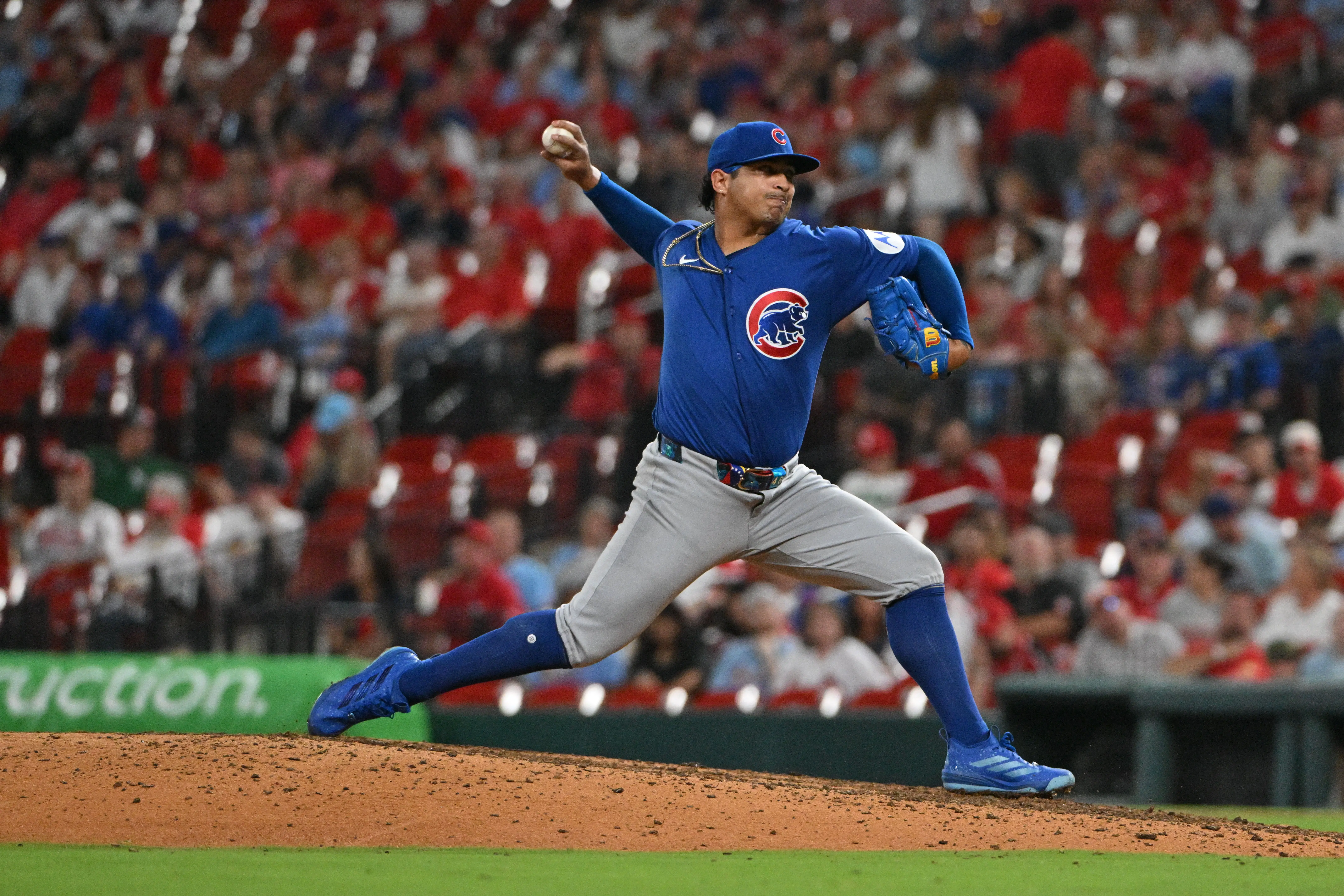 Chicago Cubs reliever Daniel Palencia pitching vs the St. Louis Cardinals during the ninth inning at Busch Stadium in St. Louis, Missouri on May 30, 2026.