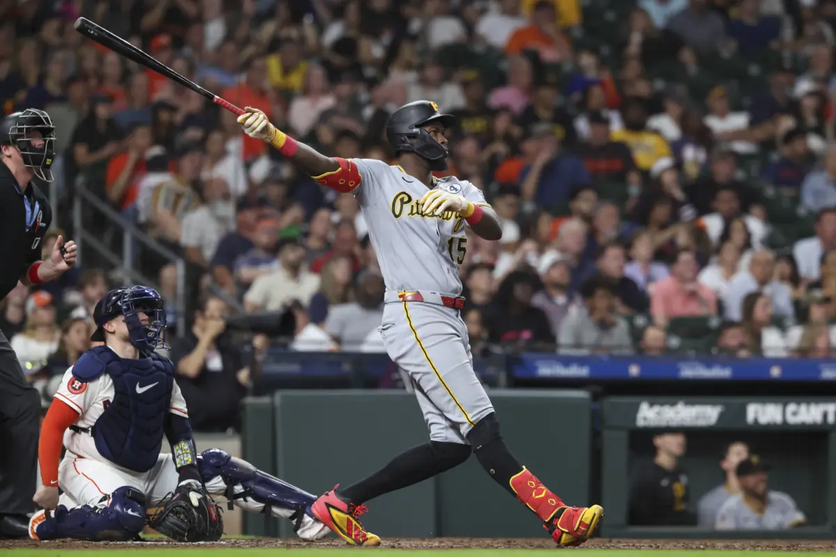 Pittsburgh Pirates center fielder Oneil Cruz hitting a three-run home run vs the Houston Astros.