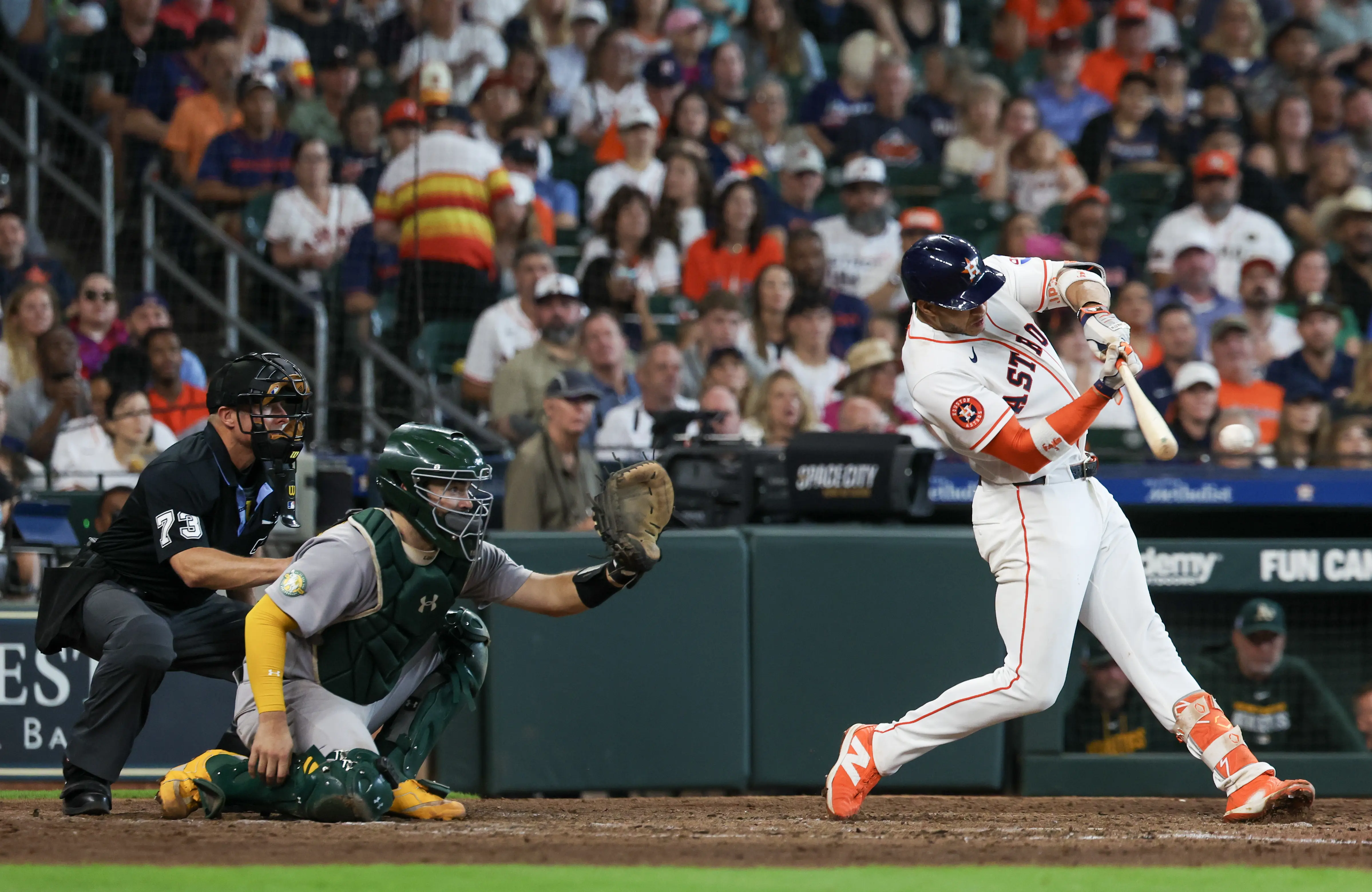 Houston Astros shortstop Jeremy Peña hitting a two-run double vs the Athletics. The Astros would be smart to sell at the deadline, will Jeremy Peña be one of the players moved?