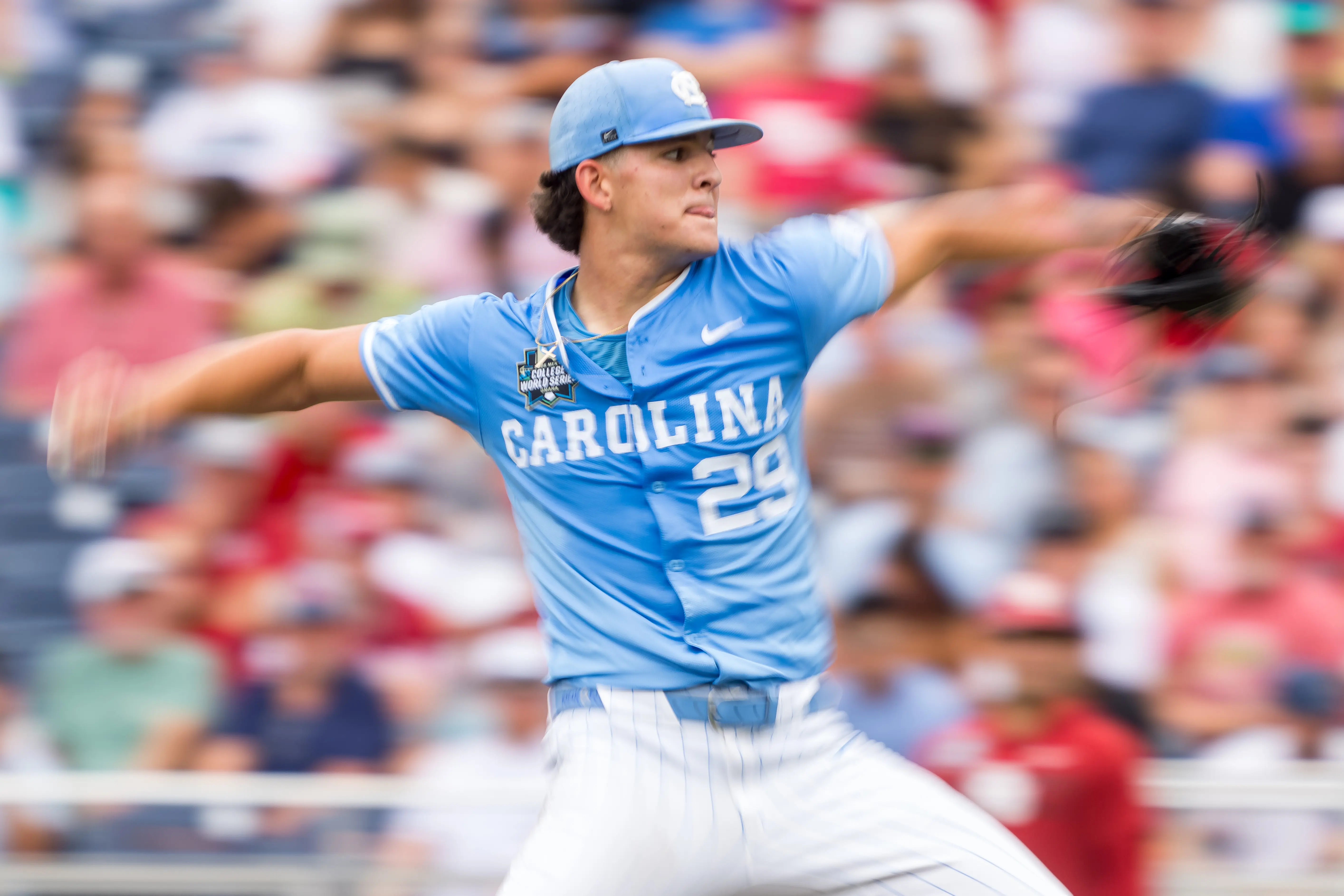 Pittsburgh Pirates draft pick and North Carolina Tar Heels starting pitcher Jason Decaro pitching vs the Oklahoma Sooners during the fourth inning at the College World Series at Charles Schwab Field in Omaha, Nebraska on June 20, 2026.