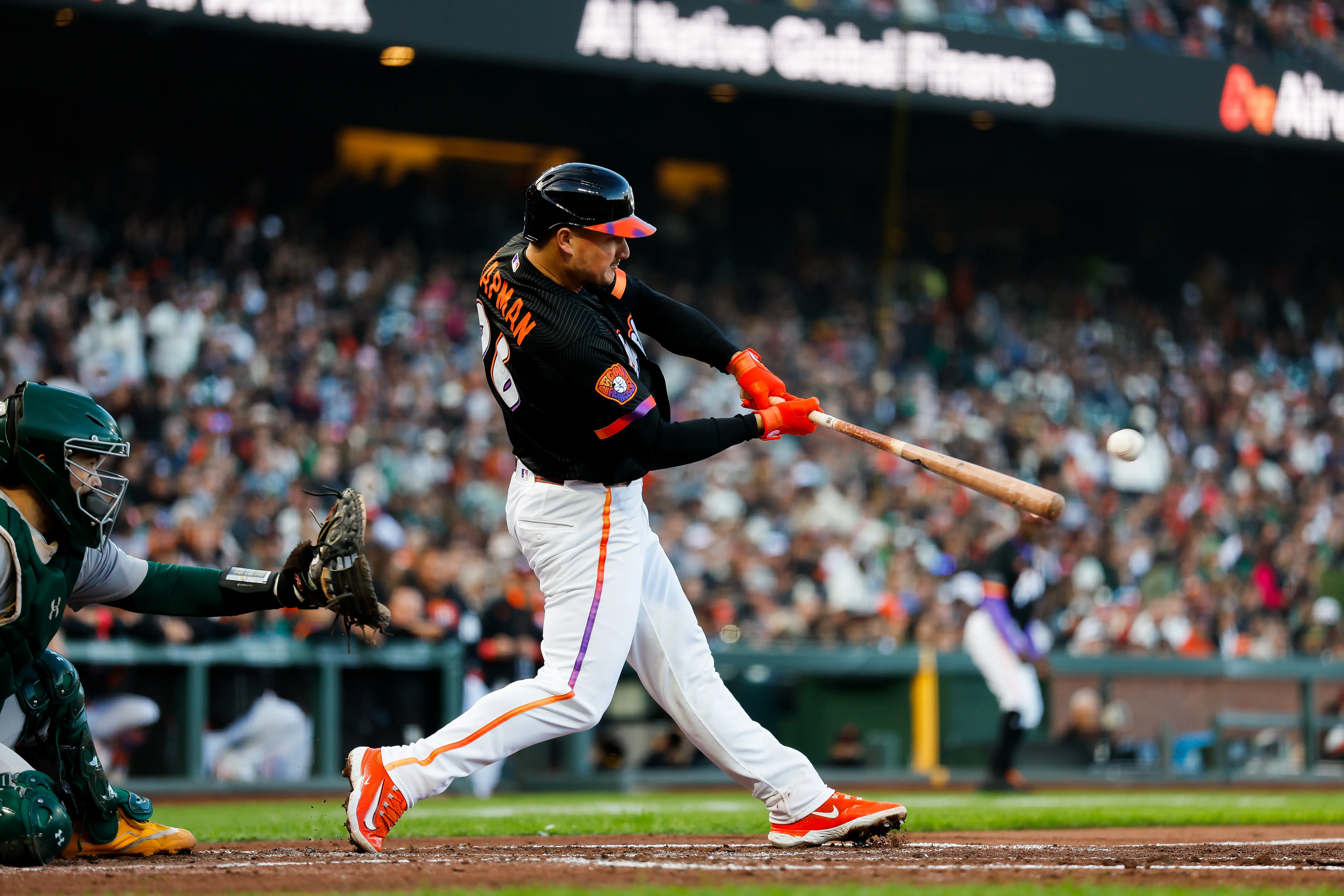 San Francisco Giants Matt Chapman pictured during an at-bat vs the Athletics. He has been mentioned in Phillies trade rumors.
