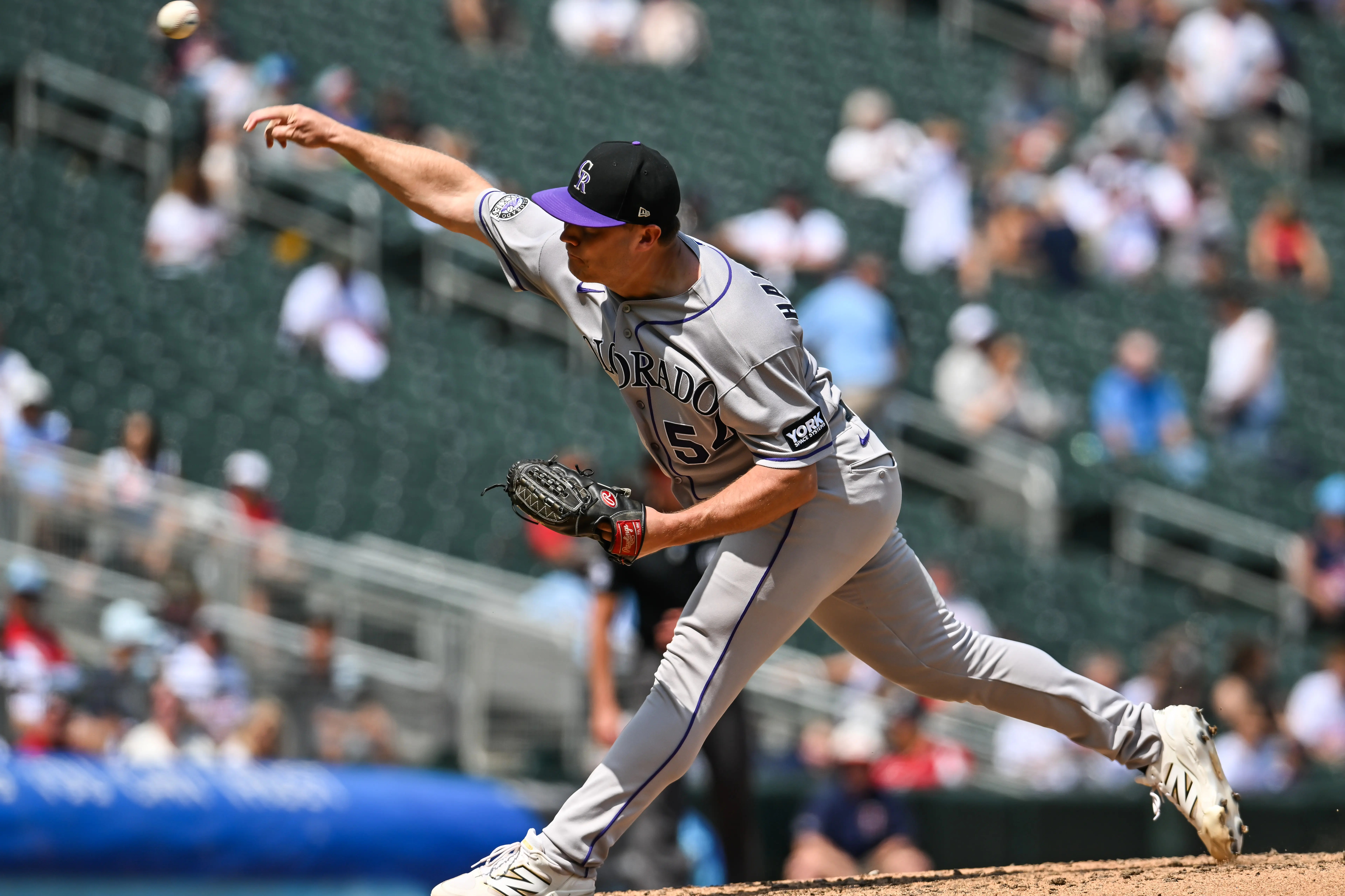 Colorado Rockies reliever Seth Halvorsen pitching vs the Minnesota Twins.