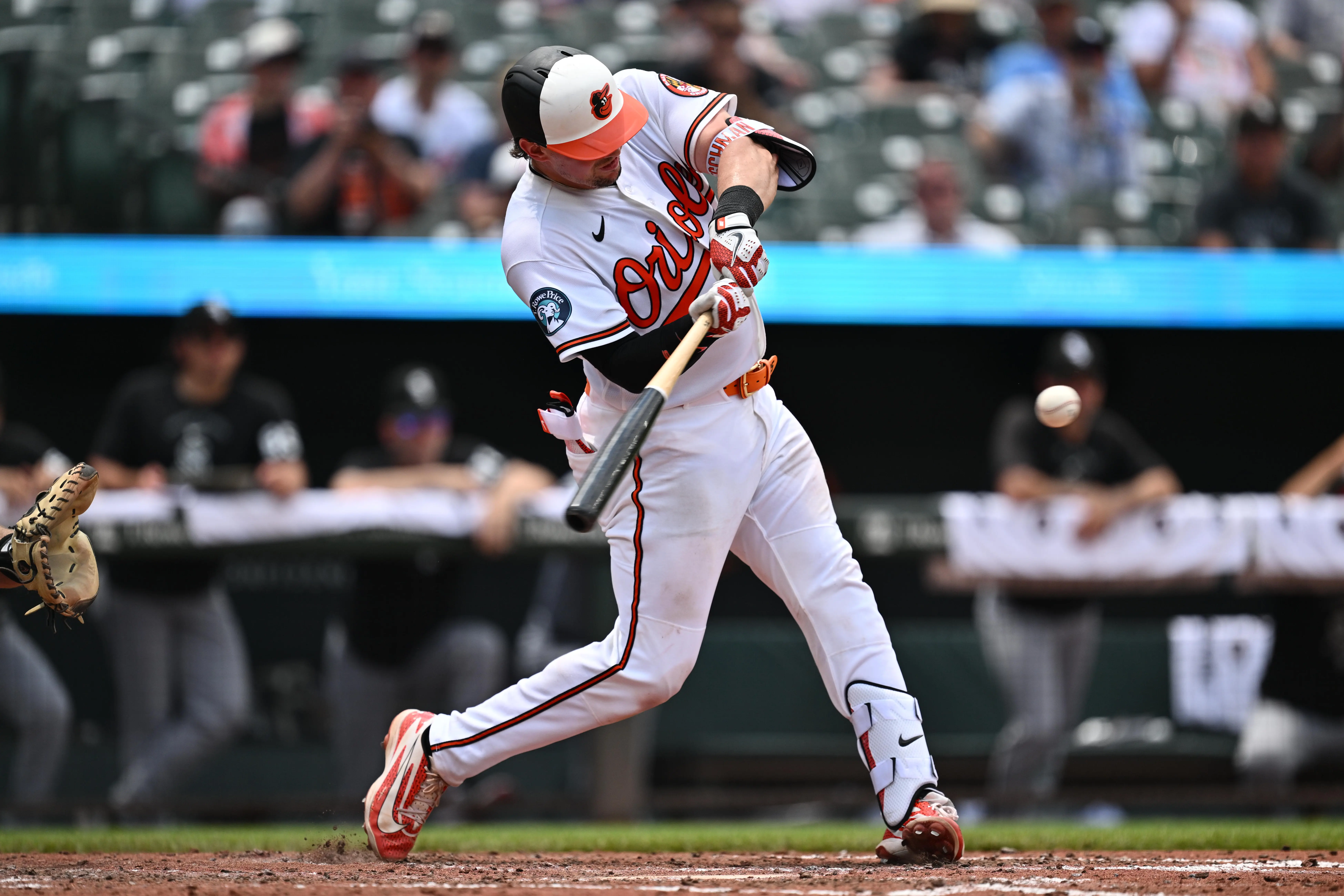 Baltimore Orioles catcher Adley Rutschman hitting an RBI single during the fifth inning vs the Chicago White Sox at Oriole Park at Camden Yards in Baltimore, Maryland on July 1, 2026.