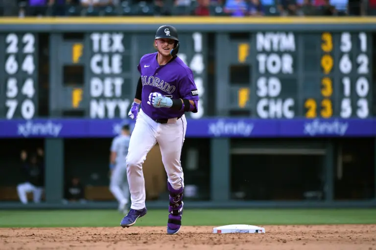 Colorado Rockies catcher Hunter Goodman rounding the bases after hitting a home run in the fifth inning vs the Miami Marlins at Coors Field in Denver, Colorado on July 1, 2026.