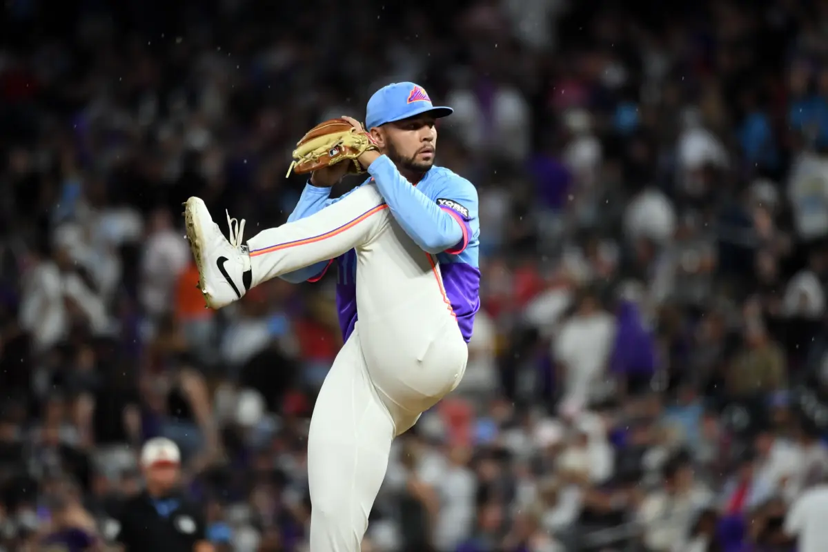 Colorado Rockies reliever Gabriel Hughes pitching in the seventh inning vs the San Francisco Giants at Coors Field in Denver, Colorado on July 3, 2026.