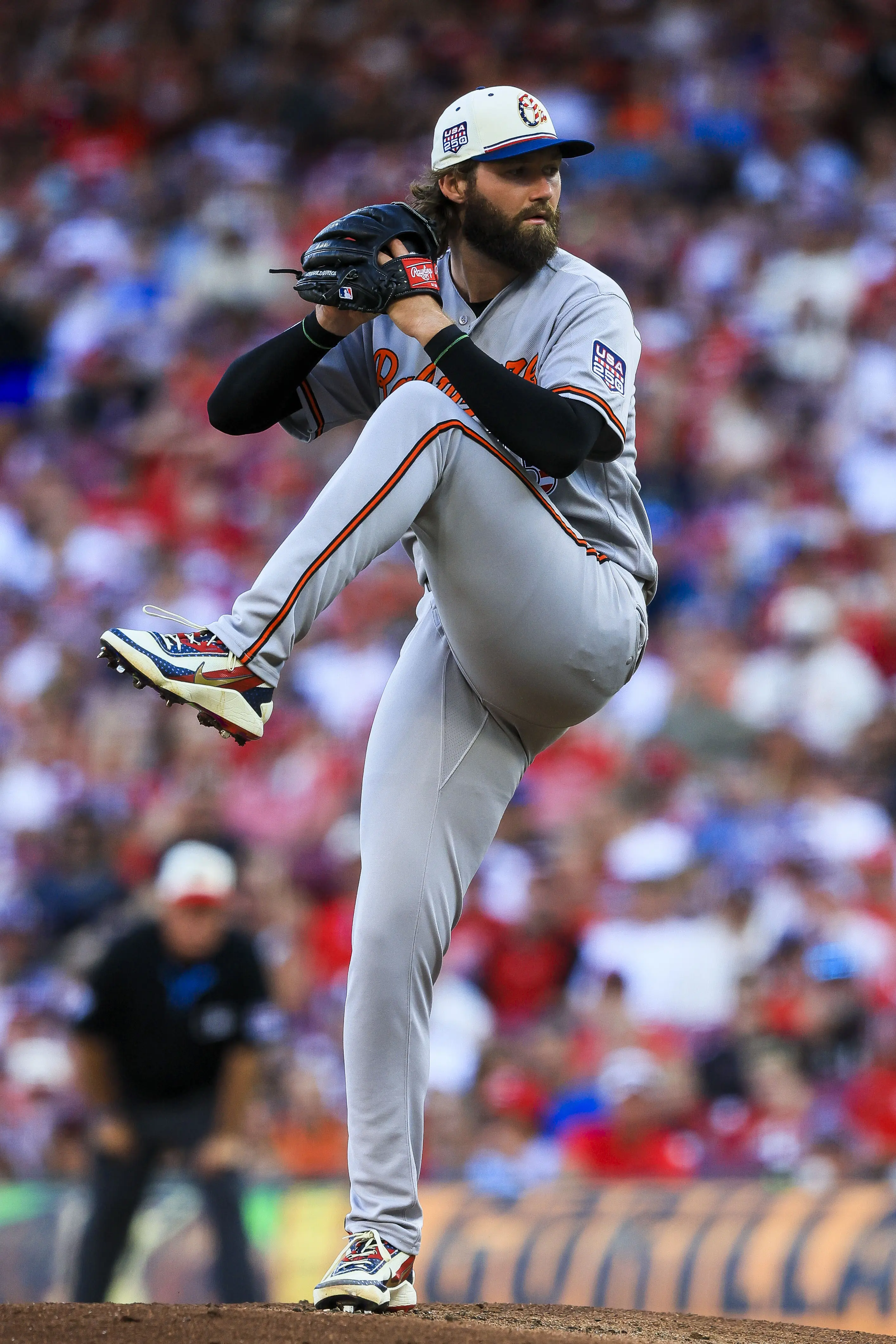 Baltimore Orioles starting pitcher Brandon Young pitching vs the Cincinnati Reds during the first inning at Great American Ball Park in Cincinnati, Ohio on July 4, 2026.