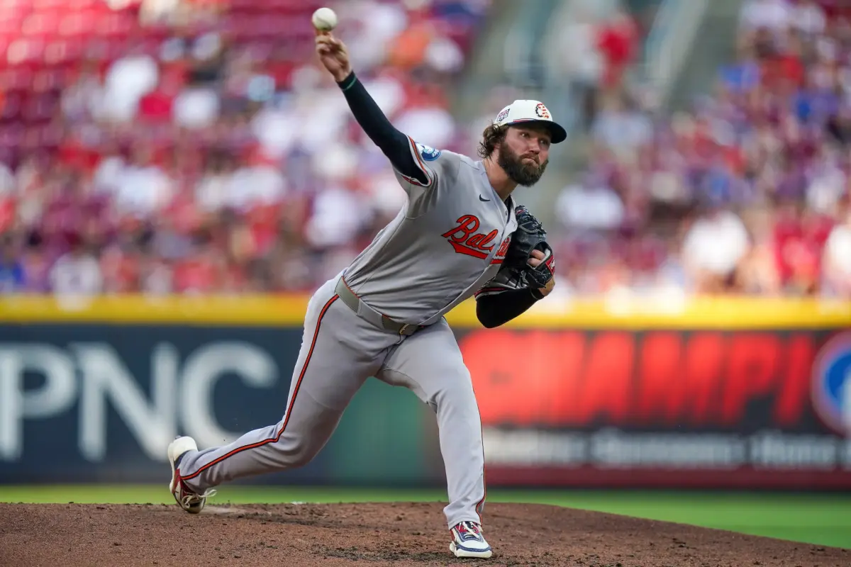 Baltimore Orioles pitcher Brandon Young pitching in the first inning vs the Cincinnati Reds at Great American Ball Park in Cincinnati, Ohio on July 4, 2026.