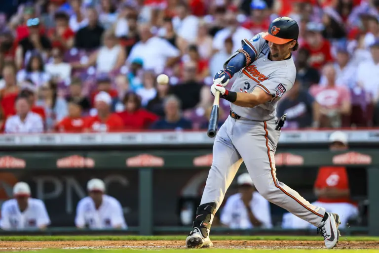 Baltimore Orioles catcher Adley Rutschman hitting a double during the third inning vs the Cincinnati Reds at Great American Ball Park in Cincinnati, Ohio on July 4, 2026.