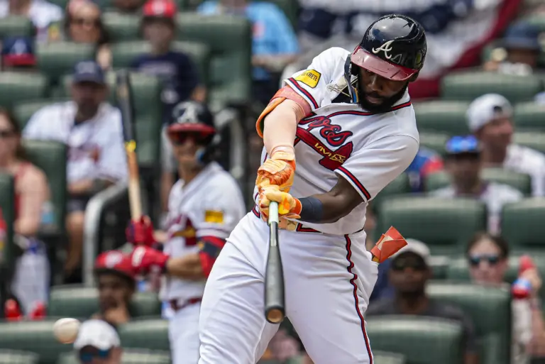 Atlanta Braves center fielder Michael Harris II hits a two-run single vs the New York Mets during the first inning at Truist Park in Cumberland, Georgia on July 5, 2026.
