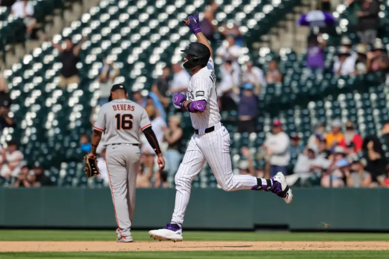 Colorado Rockies third baseman Kyle Karros rounding the bases after hitting a go-ahead three-run home run vs the San Francisco Giants in the eighth inning at Coors Field in Denver, Colorado on July 5, 2026.