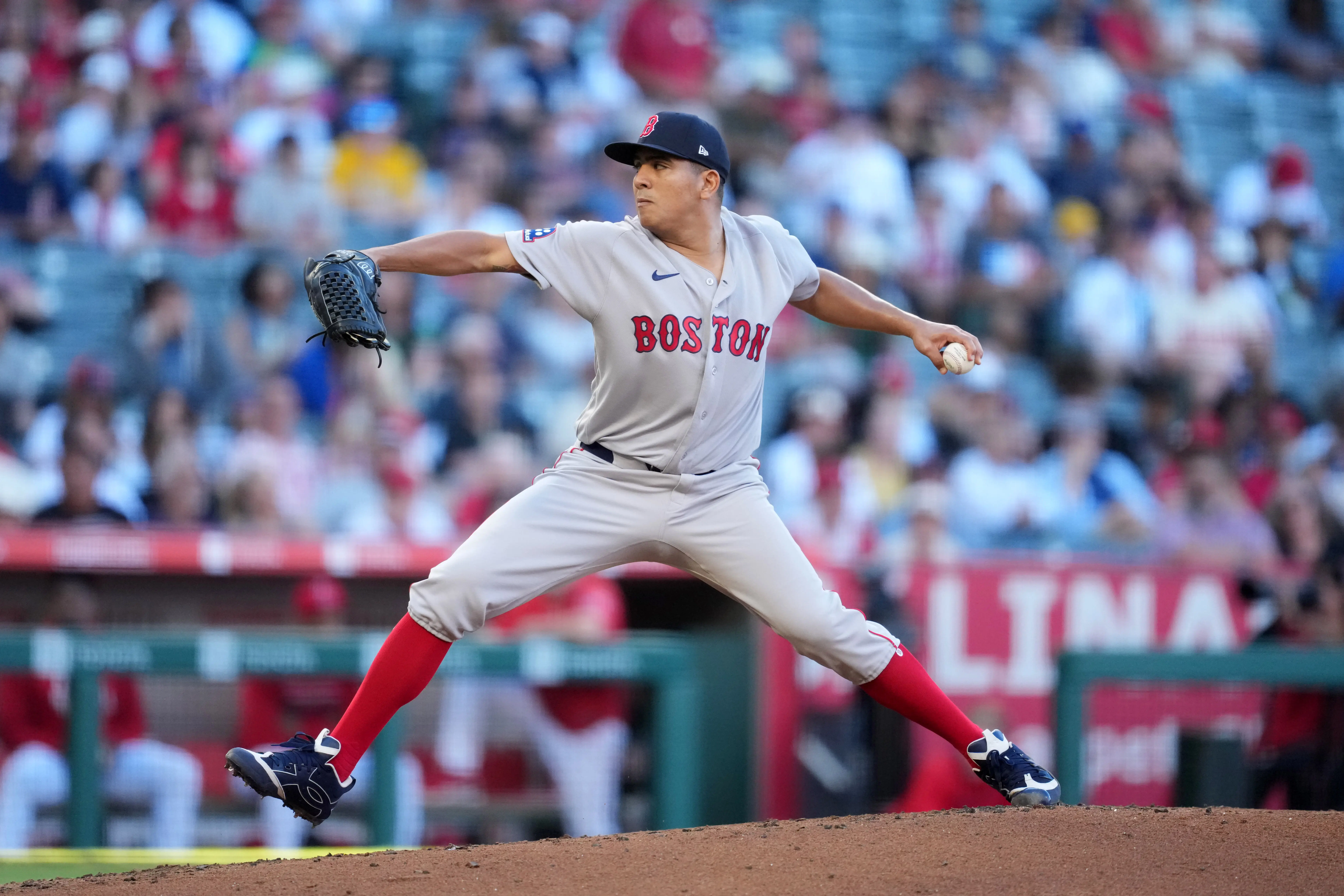 Boston Red Sox starting pitcher Ranger Suarez pitching in the first inning vs the Los Angeles Angels at Angel Stadium in Anaheim, California on July 5, 2026.