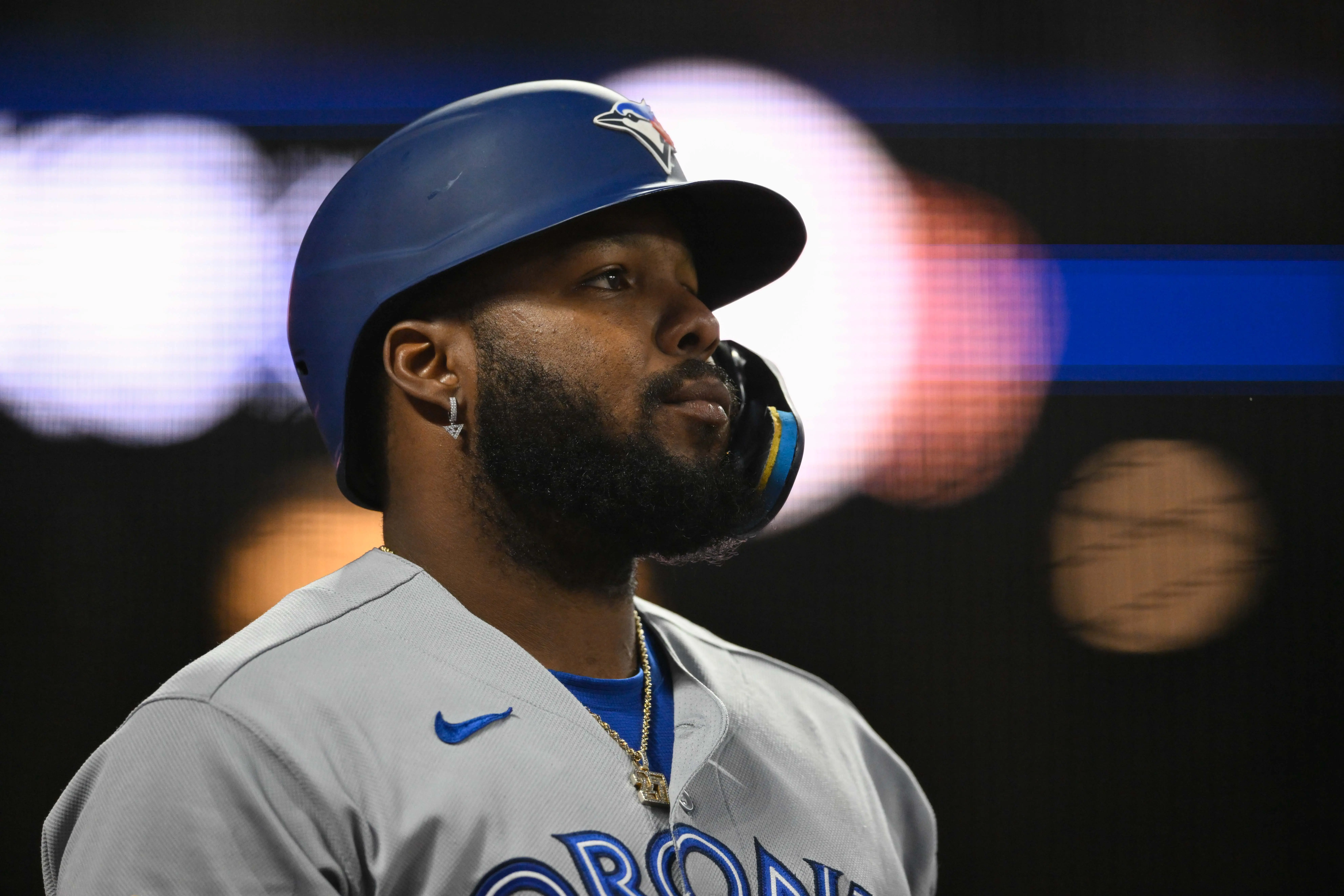 Toronto Blue Jays third baseman Vladimir Guerrero Jr. looking on during a game vs the San Francisco Giants. Guerrero Jr. has not taken a lot of the heat for the Blue Jays struggles due to the massive extension he signed last offseason.