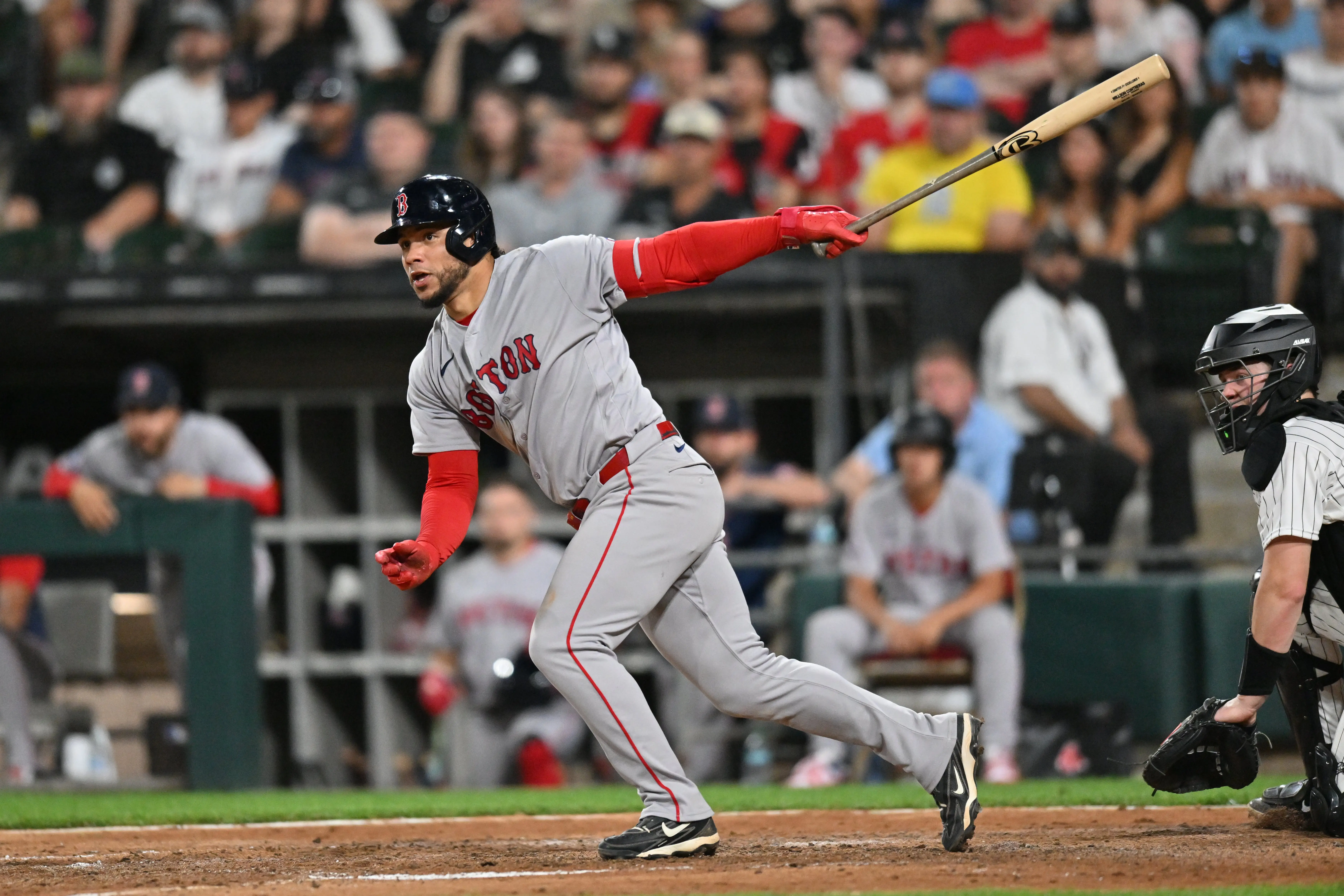 Boston Red Sox All Star first baseman Willson Contreras hits a two-run double vs the Chicago White Sox at Guaranteed Rate Field in Chicago, Illinois on July 7, 2026.