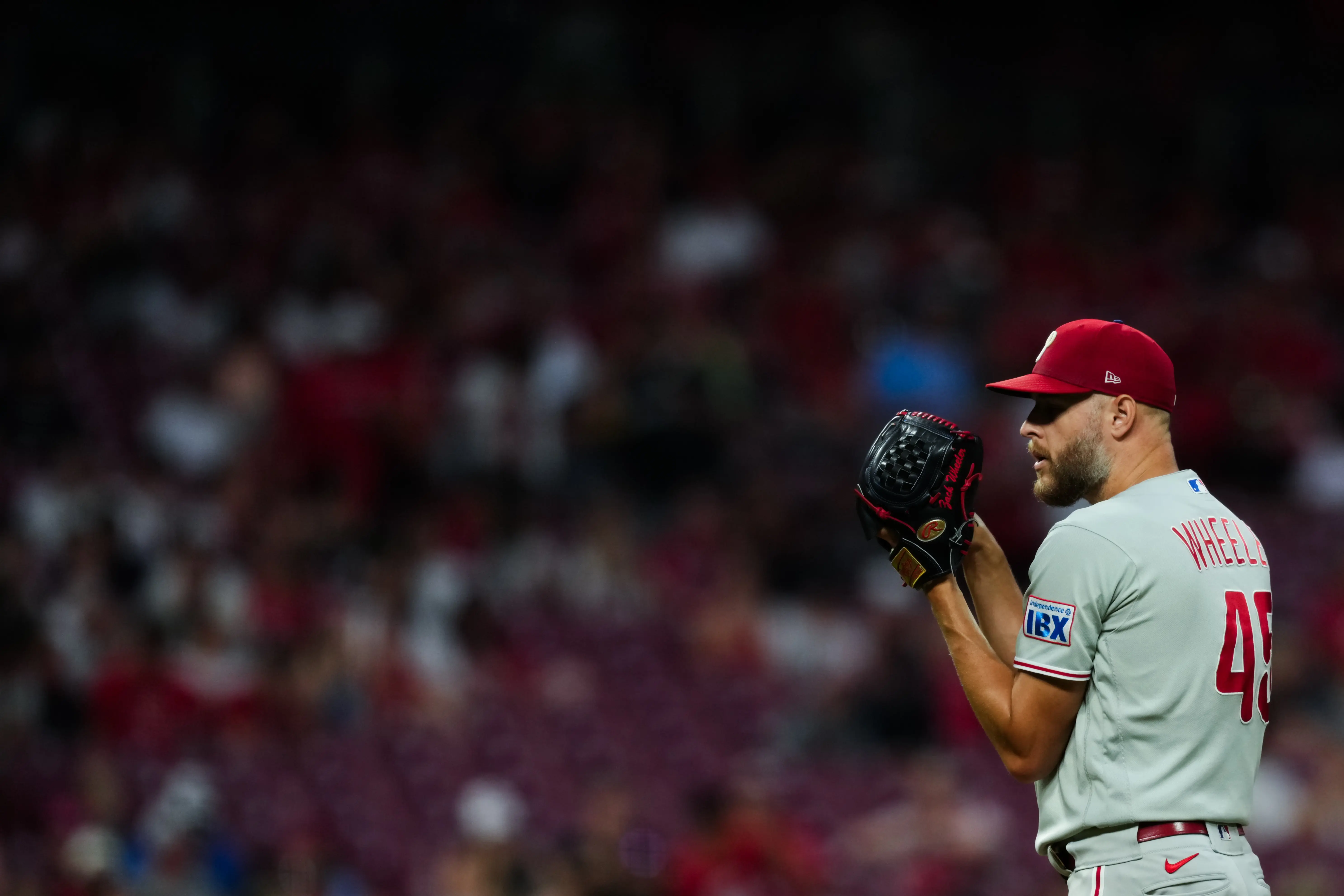 Philadelphia Phillies starting pitcher Zack Wheeler before throwing a pitch vs the Cincinatti Reds at Great American Ball Park in Cincinnati, Ohio on July 7, 2026.
