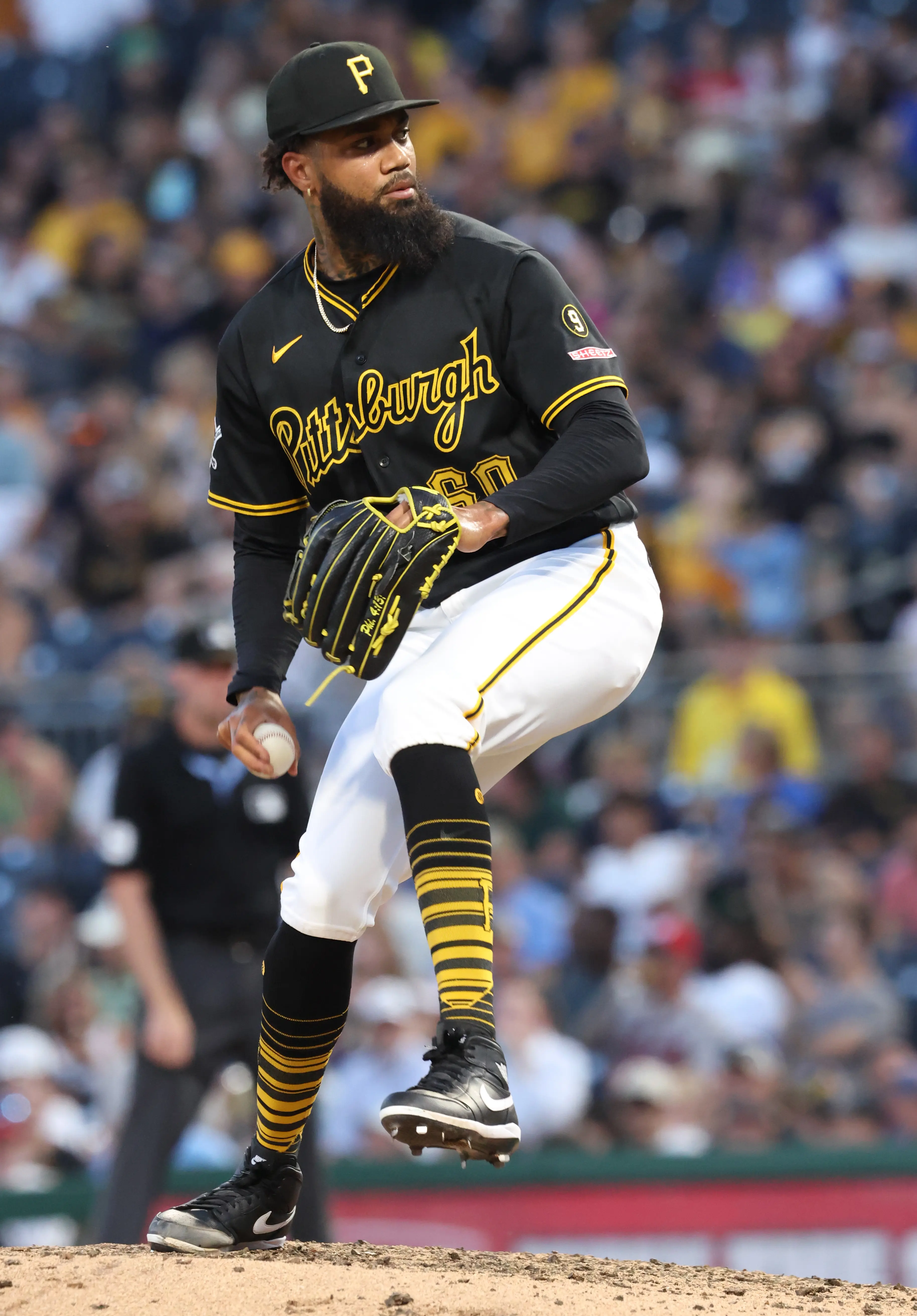 Pittsburgh Pirates reliever Dennis Santana pitching vs the Atlanta Braves.