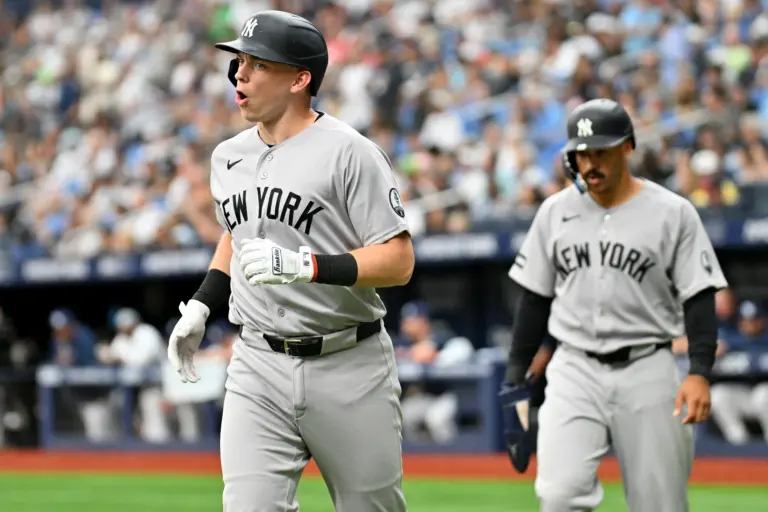 Yankees designated hitter Ben Rice (22) reacts after hitting a three run home run in the sixth inning against the Tampa Bay Rays at Tropicana Field.