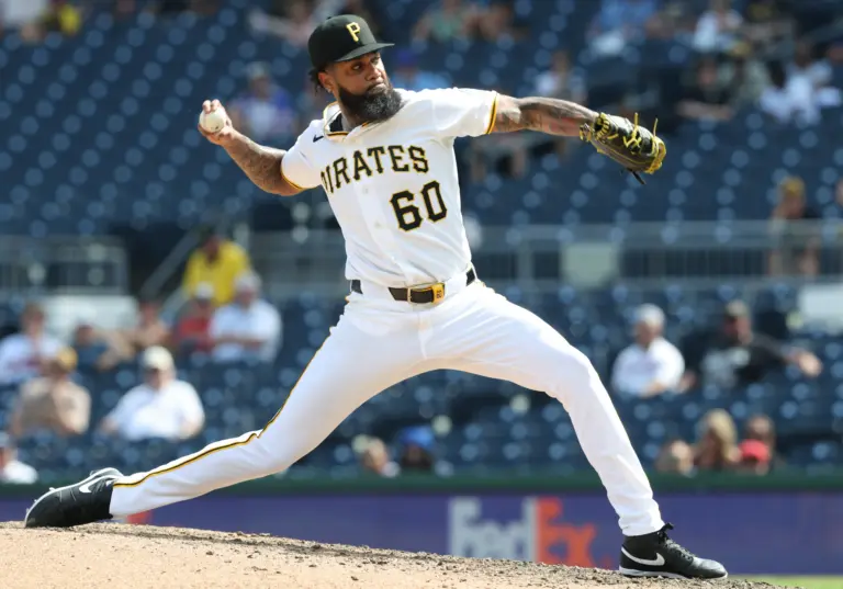 Pittsburgh Pirates reliever Dennis Santana pitching vs the Atlanta Braves.