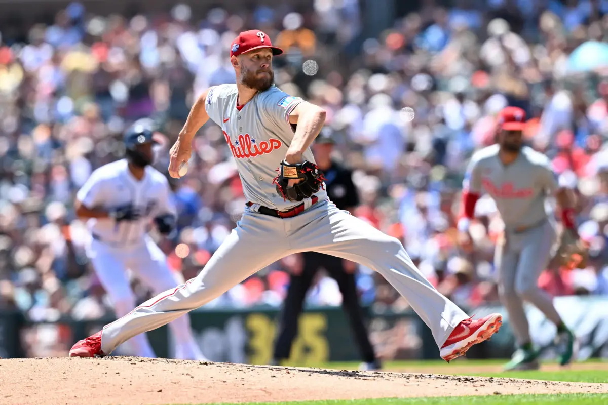 Philadelphia Phillies starting pitcher Zack Wheeler pitching vs the Detroit Tigers during the second inning at Comerica Park in Detroit, Michigan on July 12, 2026.