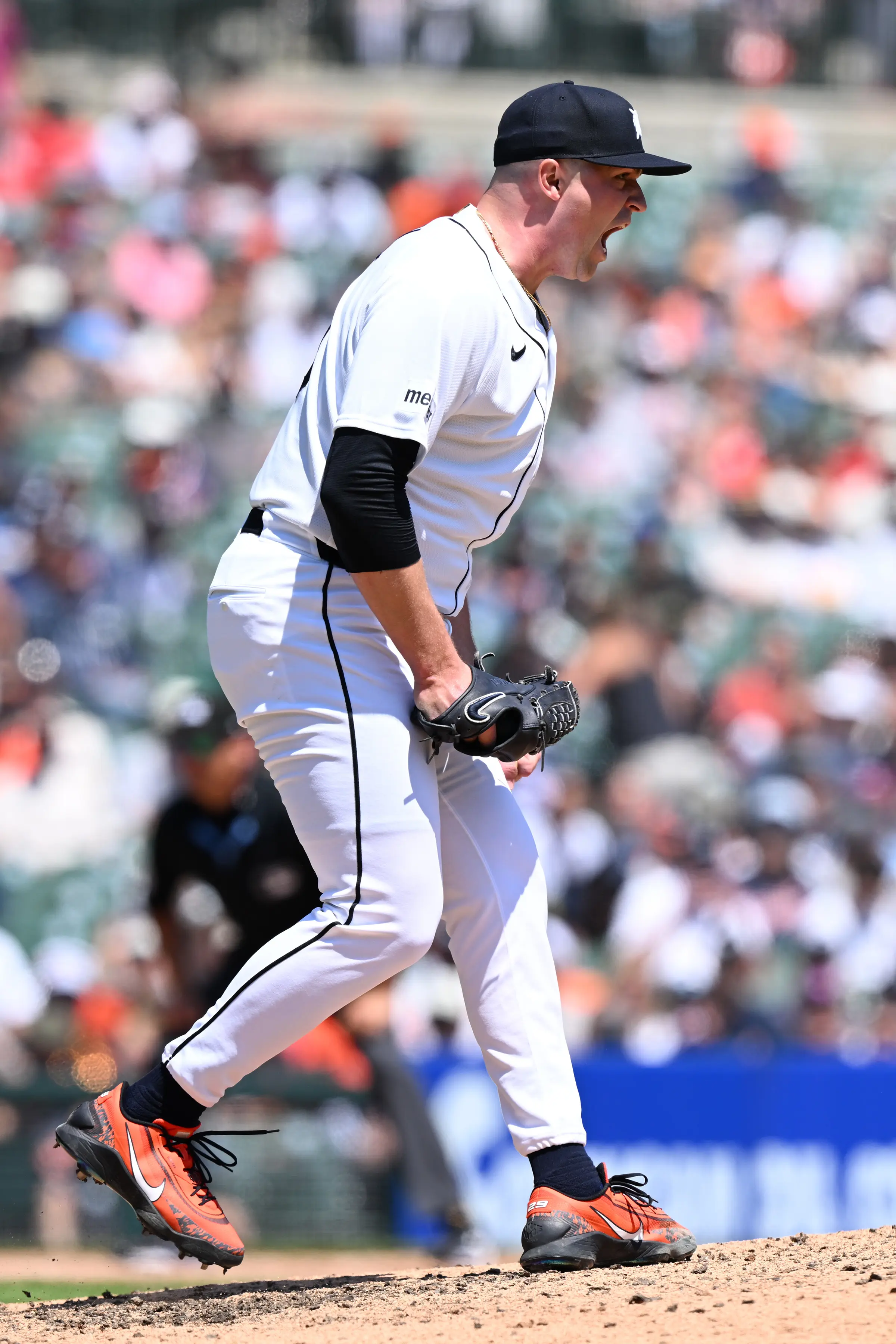Detroit Tigers starting pitcher Tarik Skubal celebrating after strikeout vs Philadelphia Phillies.
