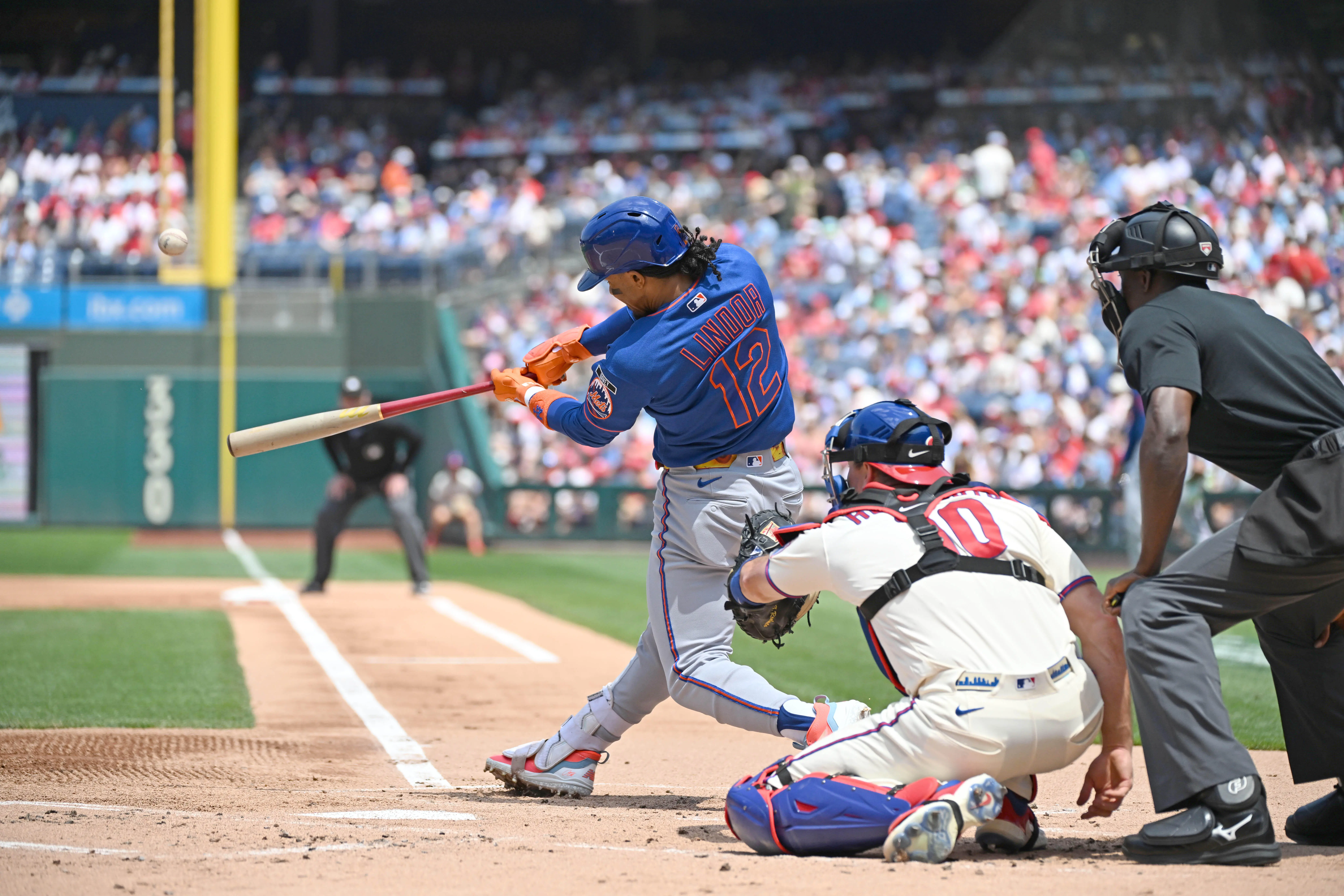 New York Mets shortstop Francisco Lindor hits a two-run home run vs the Philadelphia Phillies.