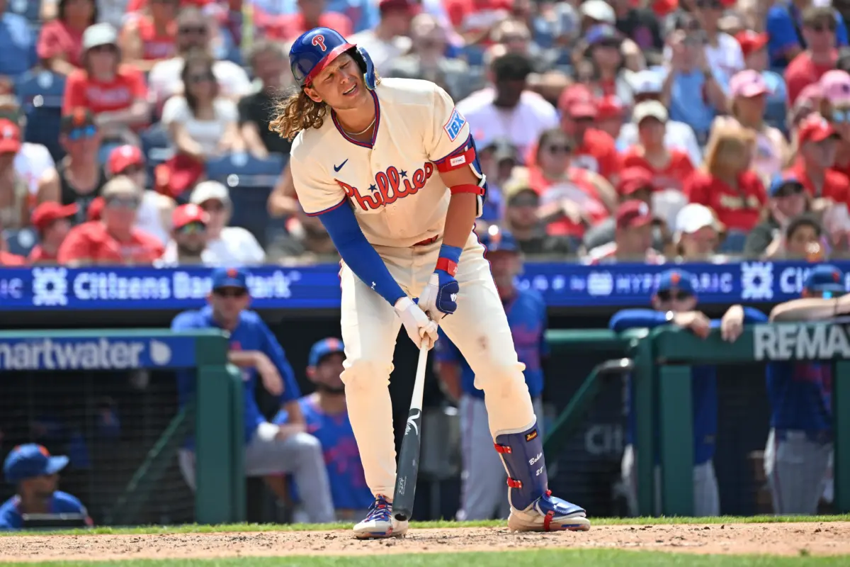 Phillies third baseman Alec Bohm (28) strikes out to end the fifth inning against the New York Mets at Citizens Bank Park.