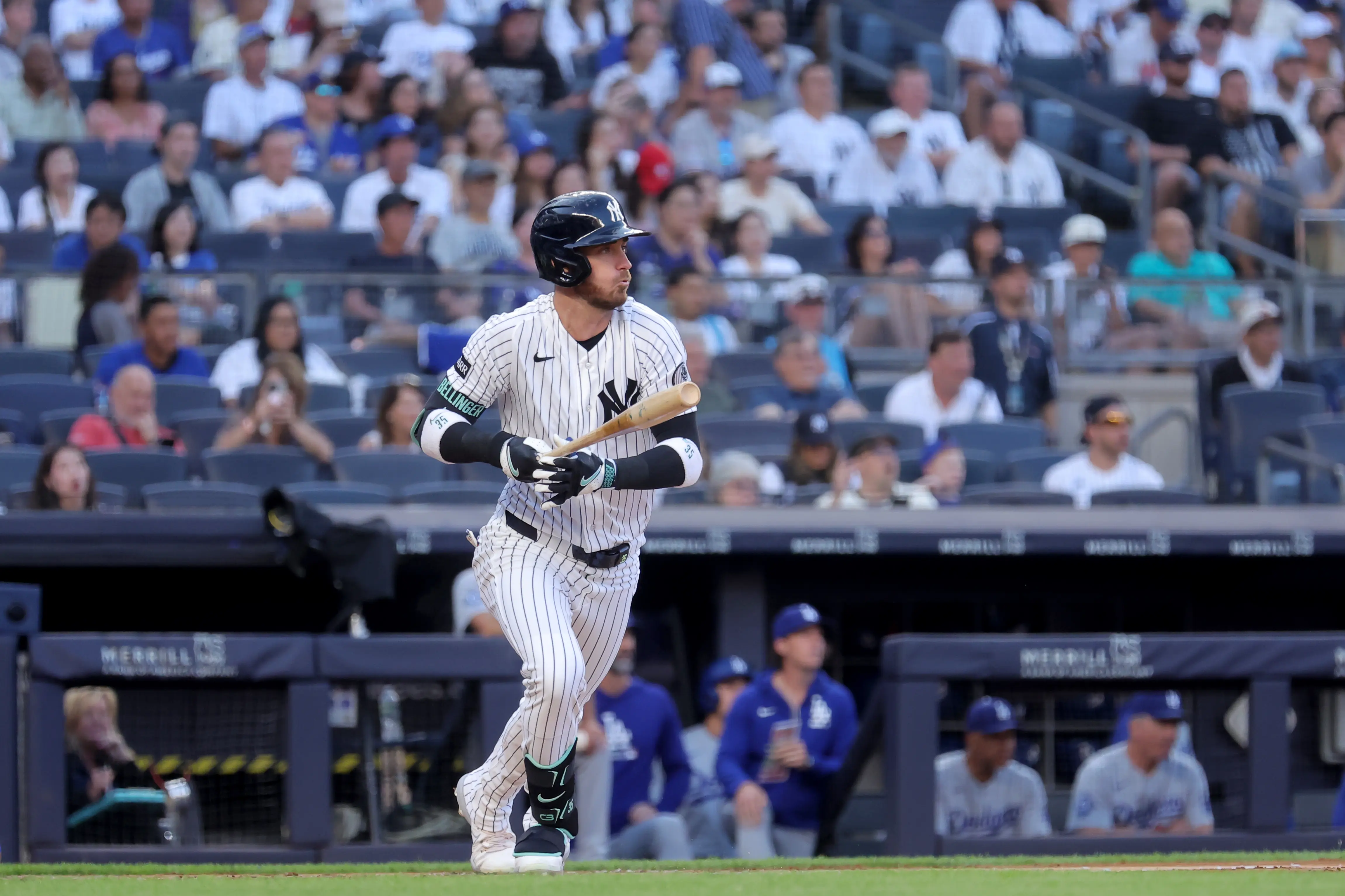 New York Yankees left fielder Cody Bellinger running to first after hitting an RBI single vs the Los Angeles Dodgers.