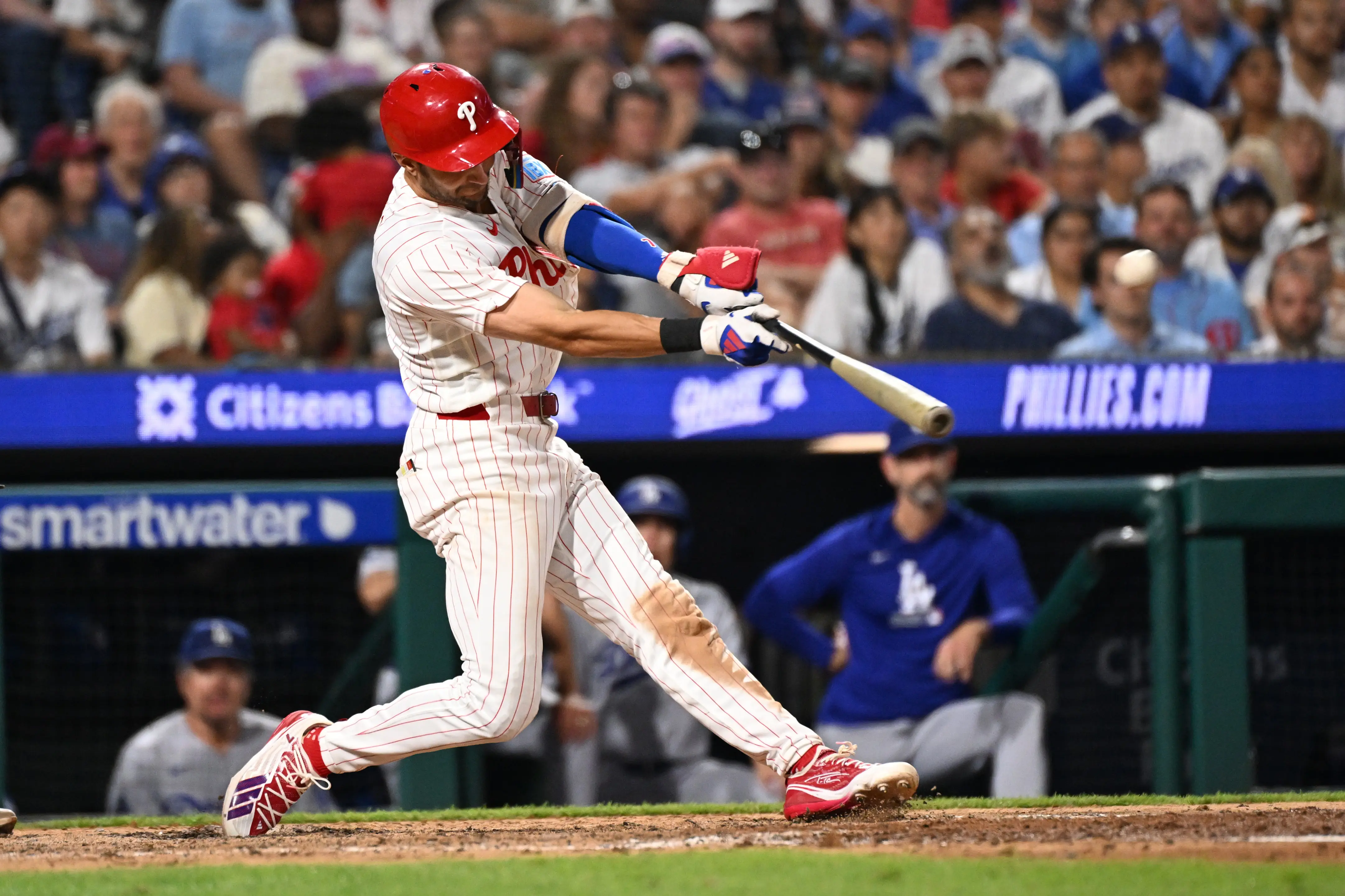 Philadelphia Phillies shortstop Trea Turner hits a three-run home run vs the Los Angeles Dodgers.