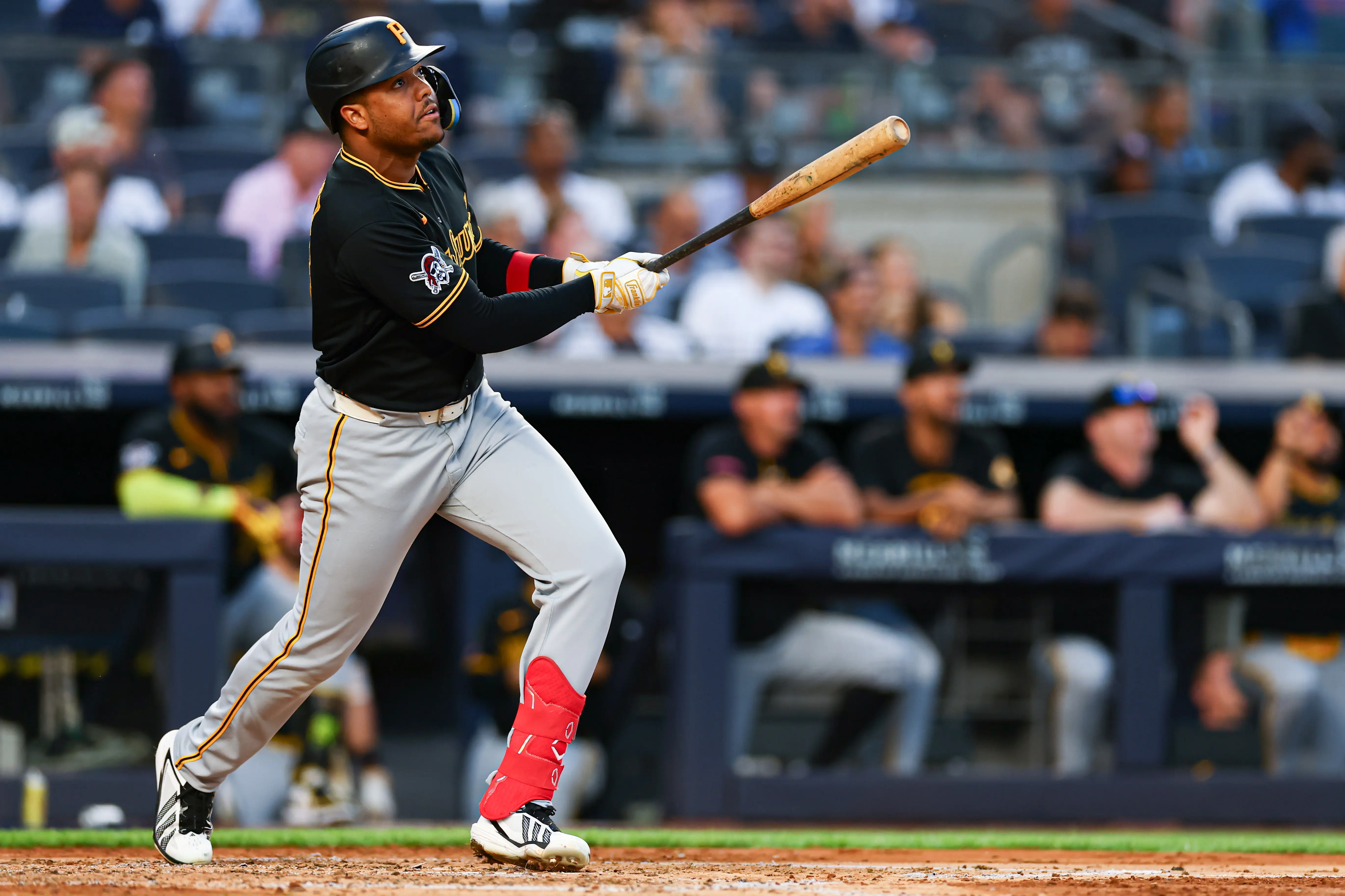 Pittsburgh Pirates right fielder Esmerlyn Valdez hits a two-run home run vs the New York Yankees.
