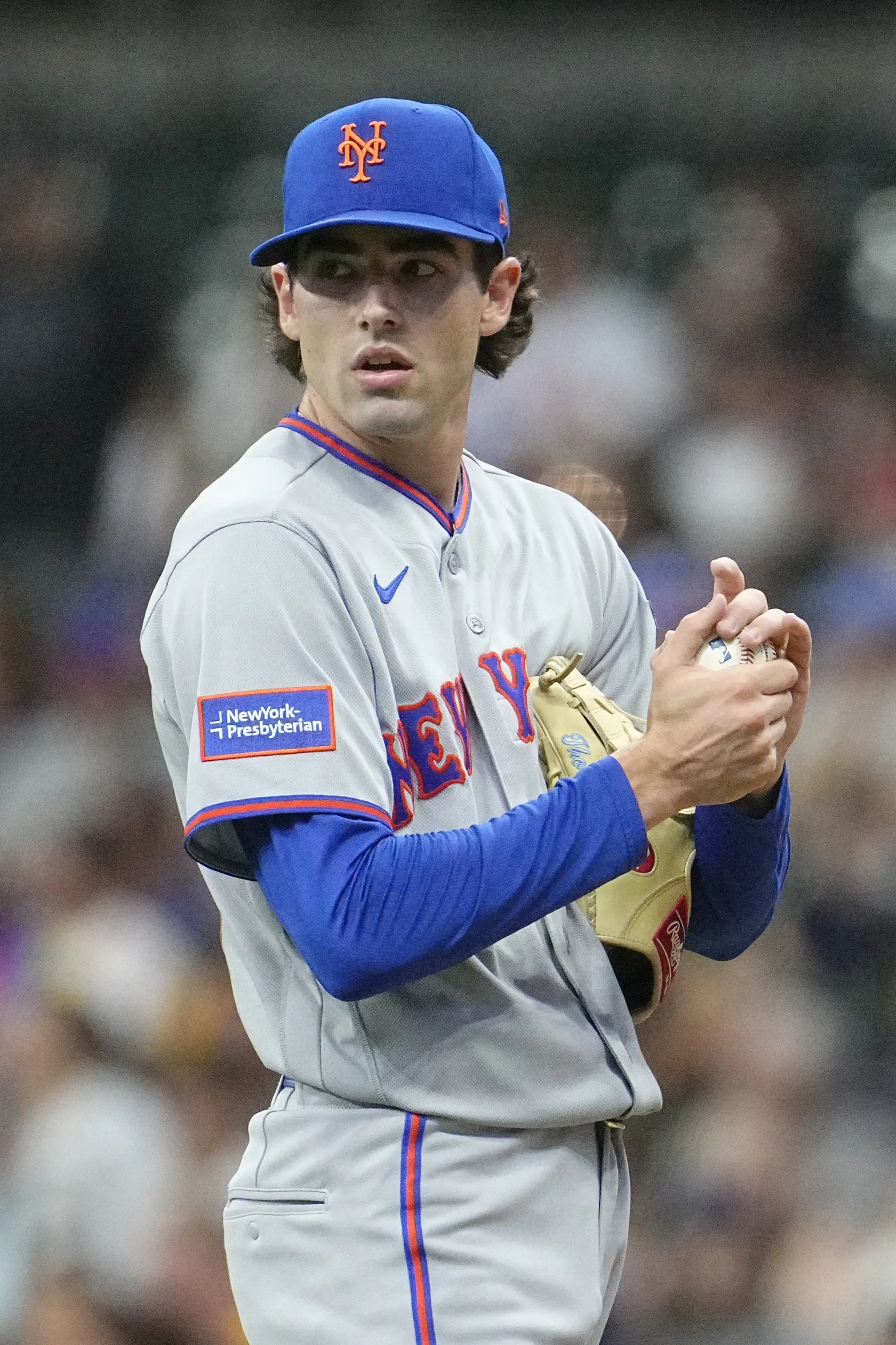 New York Mets starting pitcher Zac Thornton steps off the mound vs the Milwaukee Brewers.