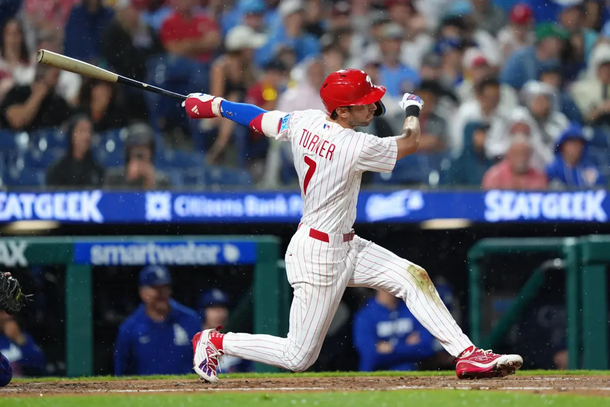 Philadelphia Phillies shortstop Trea Turner hits a single vs the Los Angeles Dodgers.