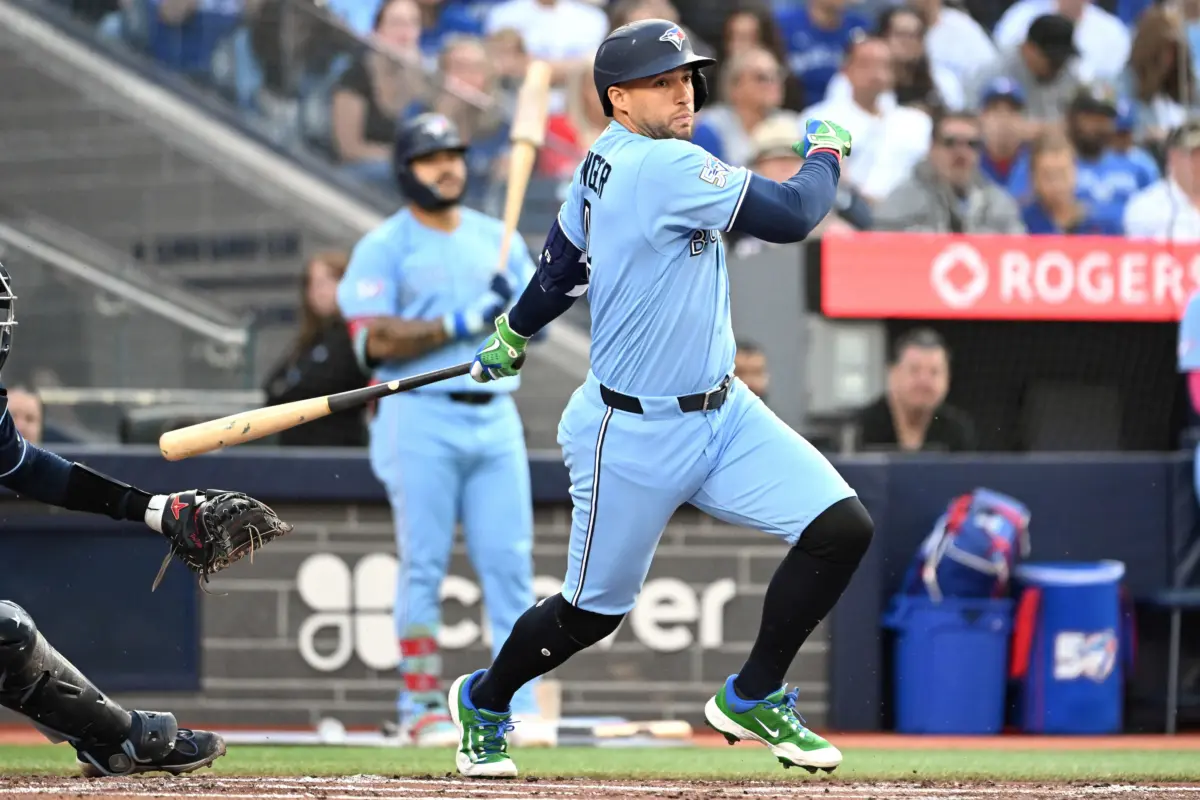 Toronto Blue Jays designated hitter George Springer hits an RBI groundout vs the Tampa Bay Rays.