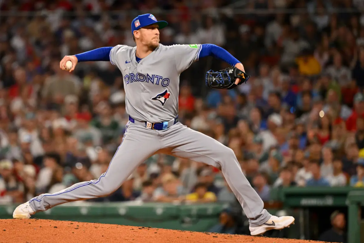 Toronto Blue Jays reliever Jeff Hoffman pitching vs the Boston Red Sox.