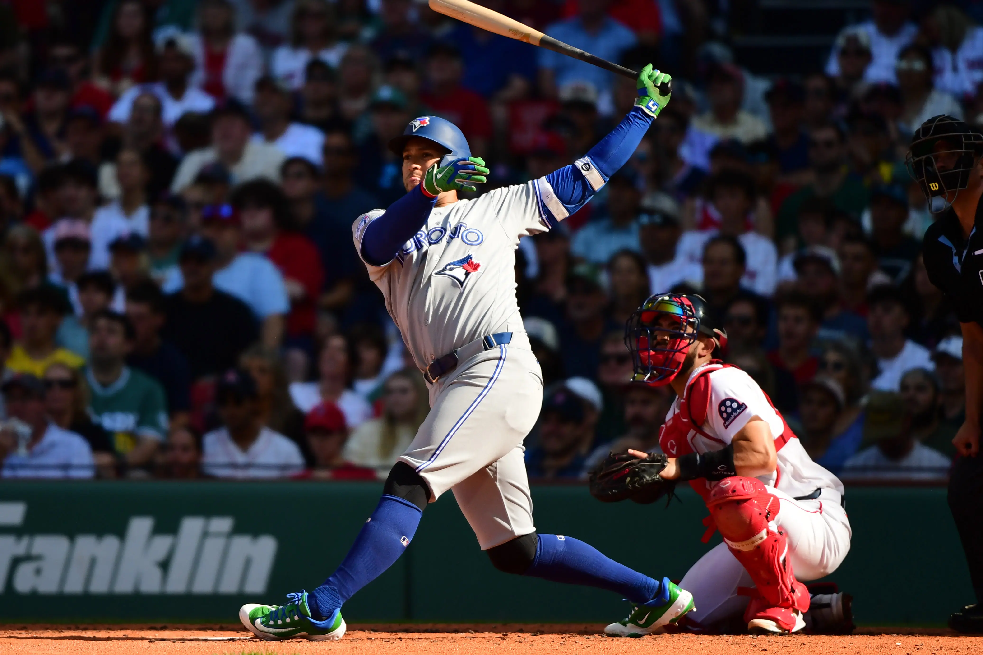 Toronto Blue Jays designated hitter George Springer looking on after hitting a three-run home run vs the Boston Red Sox.