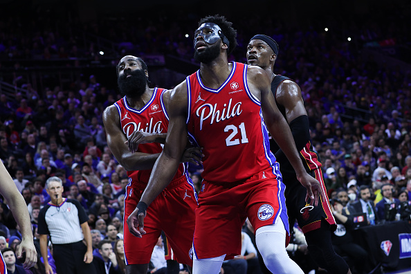 PHILADELPHIA, PA, USA - MAY 8: Joel Embiid, James Harden of Philadelphia 76ers and Jimmy Butler of Miami Heat in action during NBA semifinals between Philadelphia 76ers and Miami Heat at the Wells Fargo Center in Philadelphia, Pennsylvania, United States on May 8, 2022. (Photo by Tayfun Coskun/Anadolu Agency via Getty Images)