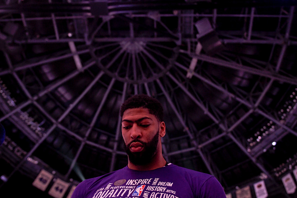 DENVER, CO - FEBRUARY 12: Anthony Davis (3) of the Los Angeles Lakers stands for the national anthem before the first quarter against the Denver Nuggets on Wednesday, February 12, 2020. (Photo by AAron Ontiveroz/MediaNews Group/The Denver Post via Getty Images)