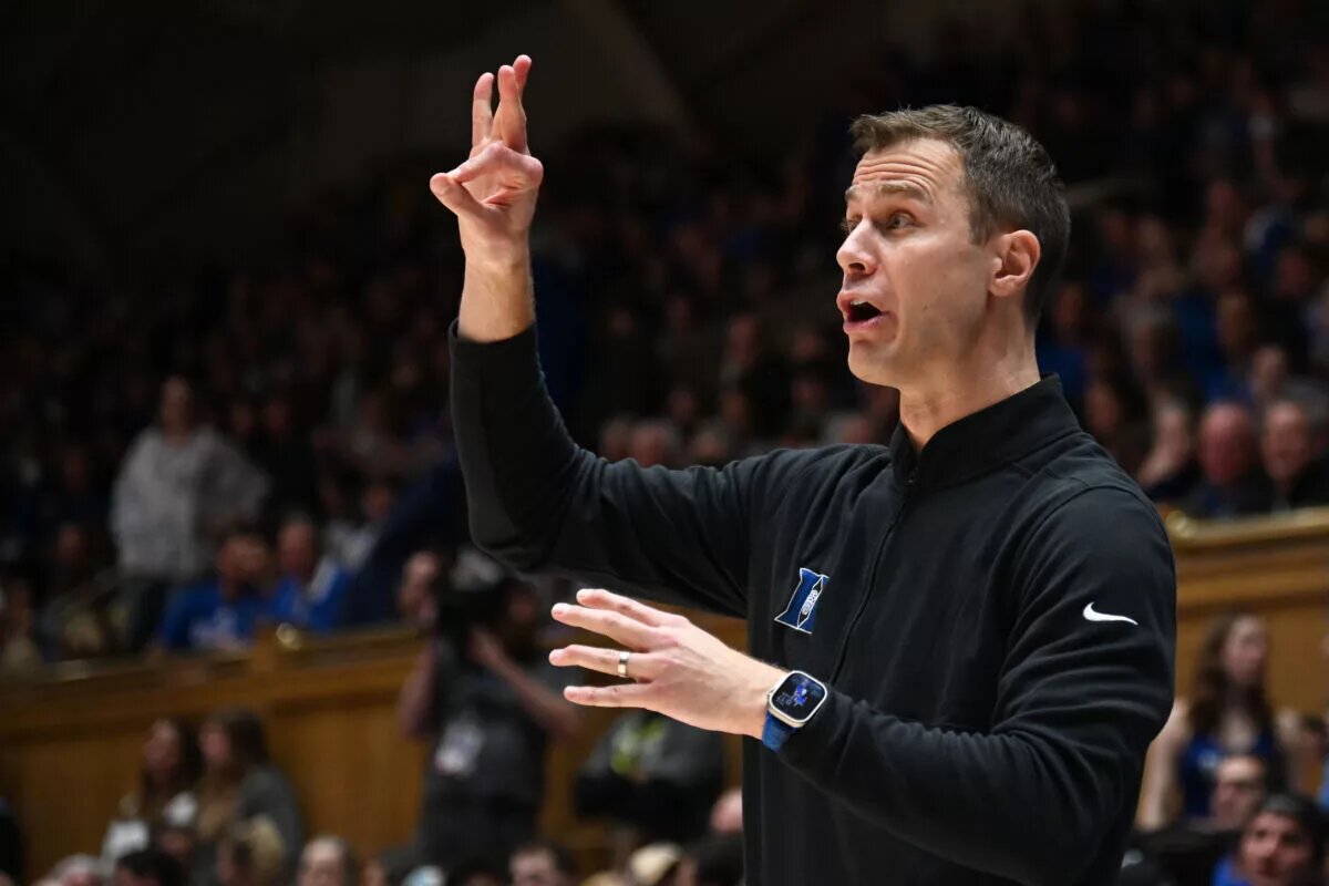 Jan 31, 2023; Durham, North Carolina, USA; Duke Blue Devils head coach Jon Scheyer directs his team during the second half against the Wake Forest Demon Deacons at Cameron Indoor Stadium. The Blue Devils won 75-73. Mandatory Credit: Rob Kinnan-USA TODAY Sports