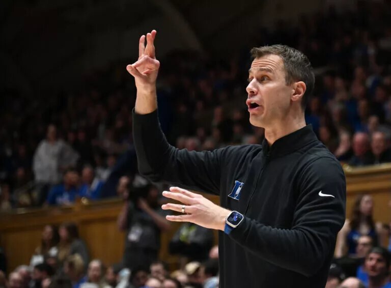 Jan 31, 2023; Durham, North Carolina, USA; Duke Blue Devils head coach Jon Scheyer directs his team during the second half against the Wake Forest Demon Deacons at Cameron Indoor Stadium. The Blue Devils won 75-73. Mandatory Credit: Rob Kinnan-USA TODAY Sports