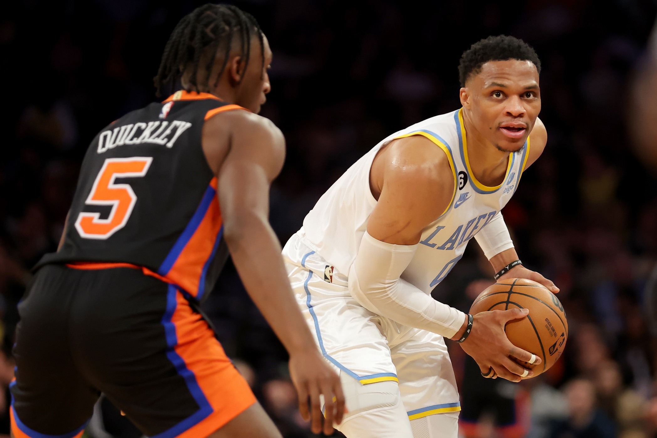 Los Angeles Lakers guard Russell Westbrook (0) controls the ball against New York Knicks guard Immanuel Quickley (5) during overtime at Madison Square Garden. Mandatory Credit: Brad Penner-USA TODAY Sports