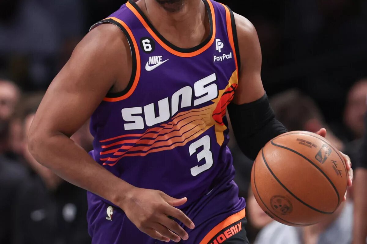 Feb 7, 2023; Brooklyn, New York, USA; Phoenix Suns guard Chris Paul (3) dribbles up court during the second half against the Brooklyn Nets at Barclays Center. Mandatory Credit: Vincent Carchietta-USA TODAY Sports