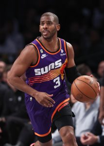 Feb 7, 2023; Brooklyn, New York, USA; Phoenix Suns guard Chris Paul (3) dribbles up court during the second half against the Brooklyn Nets at Barclays Center. Mandatory Credit: Vincent Carchietta-USA TODAY Sports