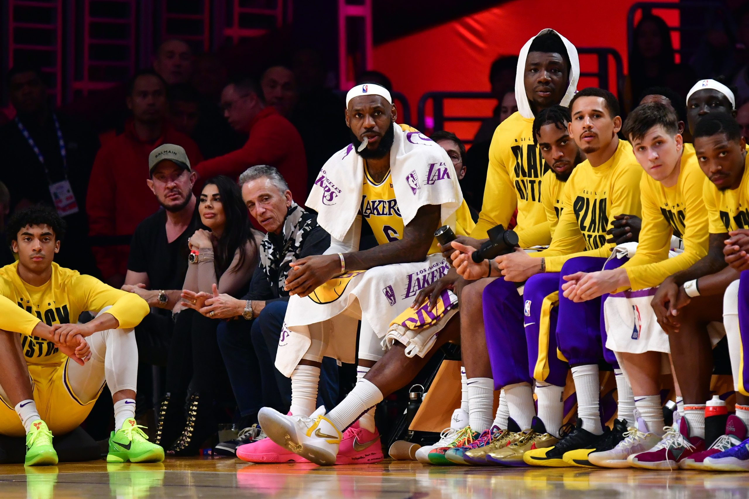 Feb 7, 2023; Los Angeles, California, USA; Los Angeles Lakers forward LeBron James (6) watches from the bench in the second quarter against the Oklahoma City Thunder at Crypto.com Arena. Mandatory Credit: Gary A. Vasquez-USA TODAY Sports