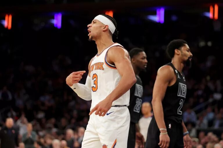 New York Knicks guard Josh Hart (3) reacts after a basket against the Brooklyn Nets during the fourth quarter at Madison Square Garden. Mandatory Credit: Brad Penner-USA TODAY Sports