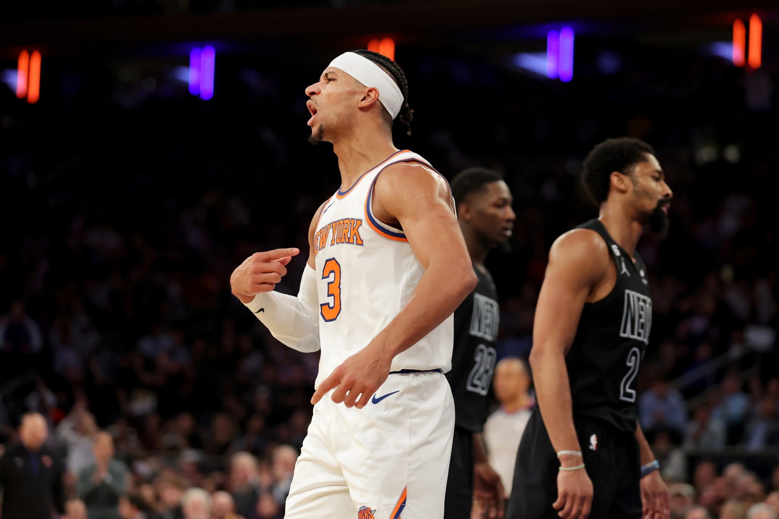 New York Knicks guard Josh Hart (3) reacts after a basket against the Brooklyn Nets during the fourth quarter at Madison Square Garden. Mandatory Credit: Brad Penner-USA TODAY Sports
