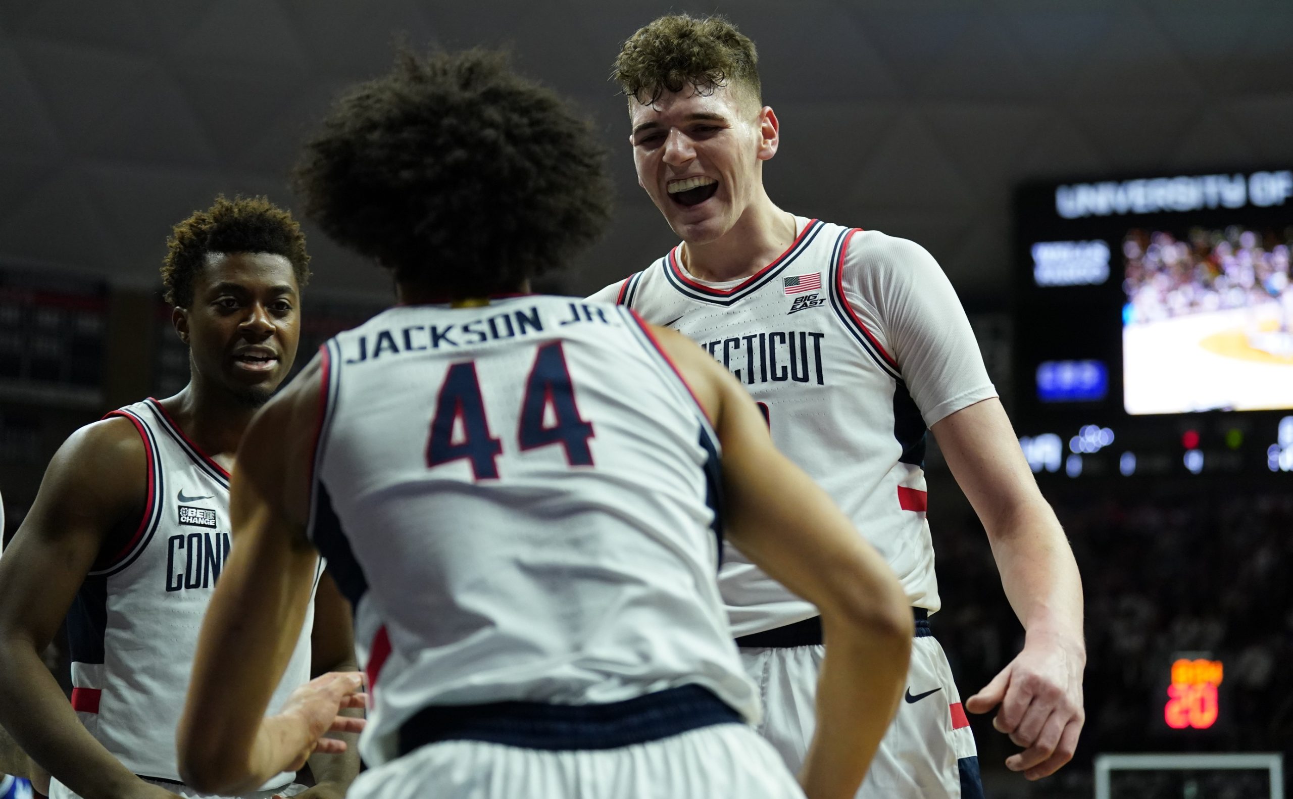 Feb 18, 2023; Storrs, Connecticut, USA; UConn Huskies center Donovan Clingan (32) reacts with guard Andre Jackson Jr. (44) after a play against the Seton Hall Pirates in the second half at Harry A. Gampel Pavilion. Mandatory Credit: David Butler II-USA TODAY Sports