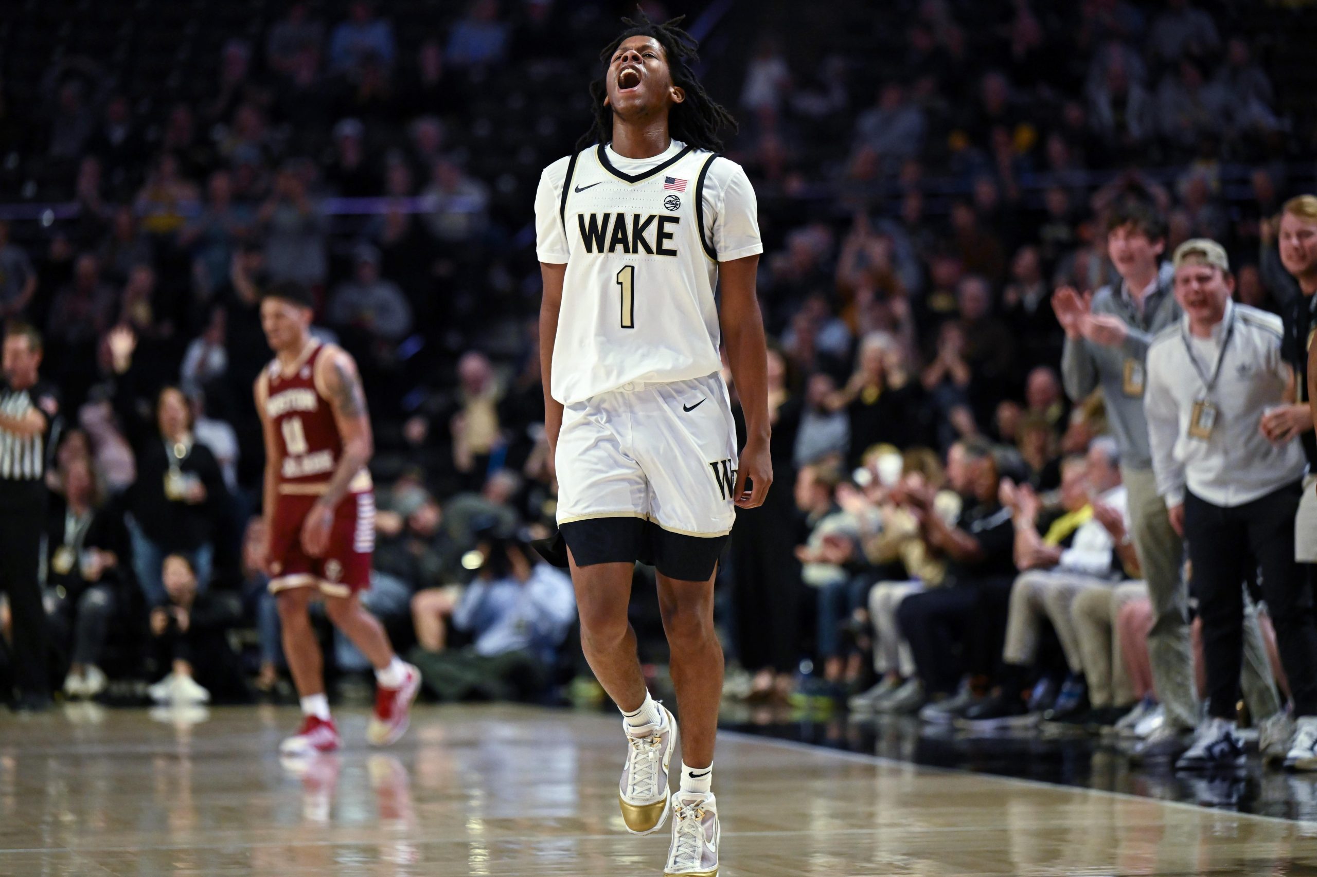 Feb 28, 2023; Winston-Salem, North Carolina, USA; Wake Forest Demon Deacons guard Tyree Appleby (1) celebrates after hitting a three during the second half at Lawrence Joel Veterans Memorial Coliseum. Mandatory Credit: William Howard-USA TODAY Sports