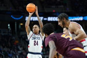 Mar 17, 2023; Albany, NY, USA; UConn Huskies guard and NBA Draft prospect Jordan Hawkins (24) shoots a free throw against the Iona Gaels during the second half at MVP Arena. Mandatory Credit: David Butler II-USA TODAY Sports