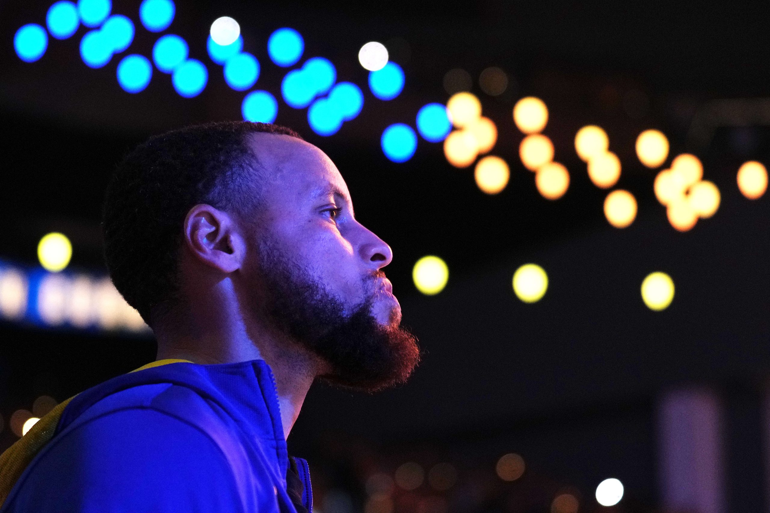 Apr 23, 2023; San Francisco, California, USA; Golden State Warriors guard Stephen Curry (30) stands on the court before game four of the 2023 NBA playoffs against the Sacramento Kings at Chase Center. Mandatory Credit: Darren Yamashita-USA TODAY Sports