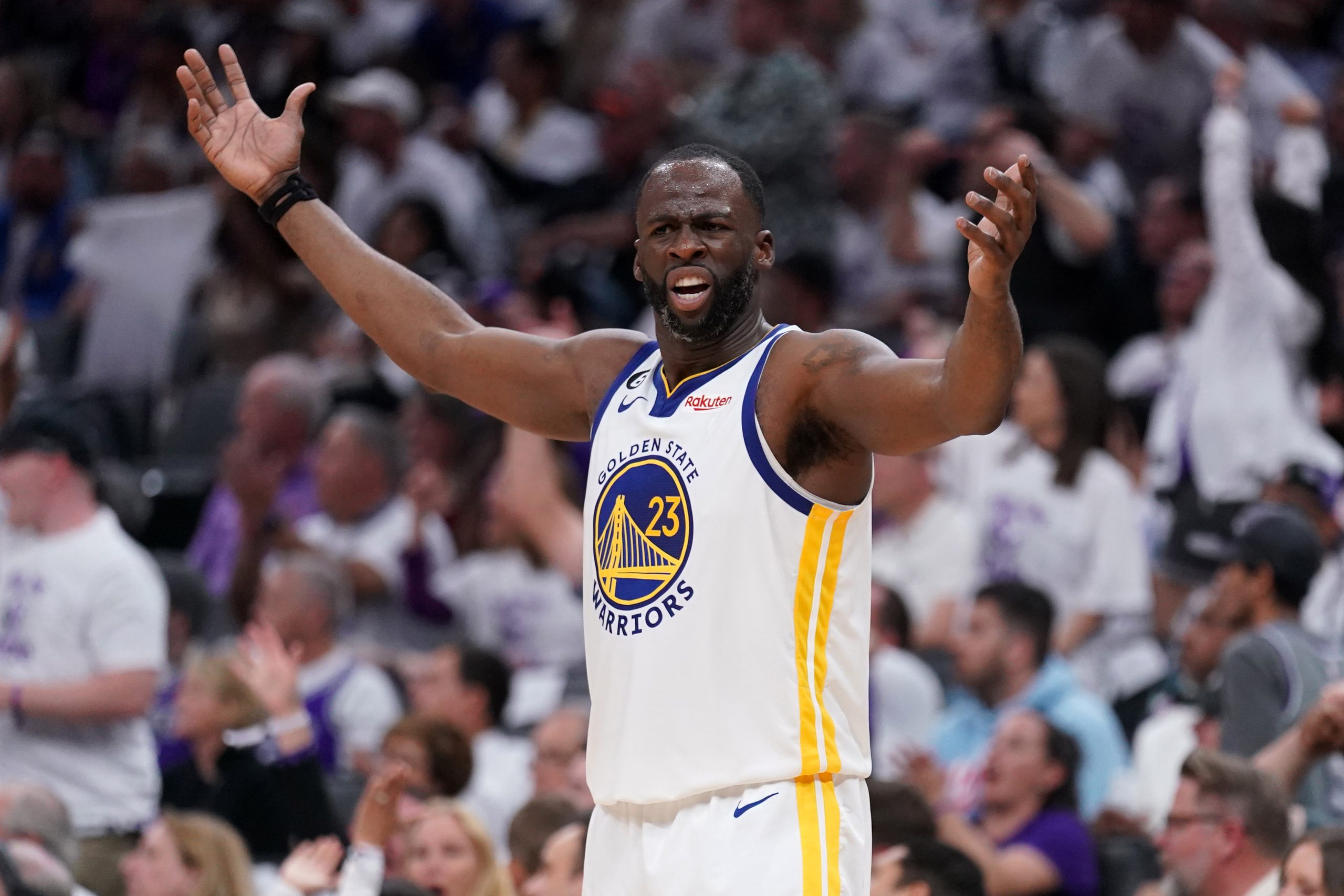 Apr 15, 2023; Sacramento, California, USA; Golden State Warriors forward Draymond Green (23) looks for a foul call after a play against the Sacramento Kings in the third quarter during game one of the 2023 NBA playoffs at the Golden 1 Center. Mandatory Credit: Cary Edmondson-USA TODAY Sports