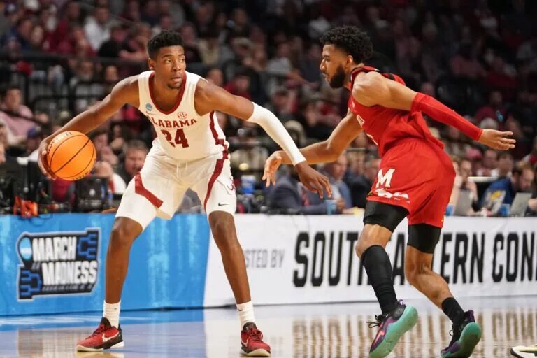 Mar 18, 2023; Birmingham, AL, USA; Alabama Crimson Tide forward Brandon Miller (24), second in this NBA Mock Draft dribbles against Maryland Terrapins guard Don Carey (0) during the second half at Legacy Arena. Mandatory Credit: Marvin Gentry-USA TODAY Sports
